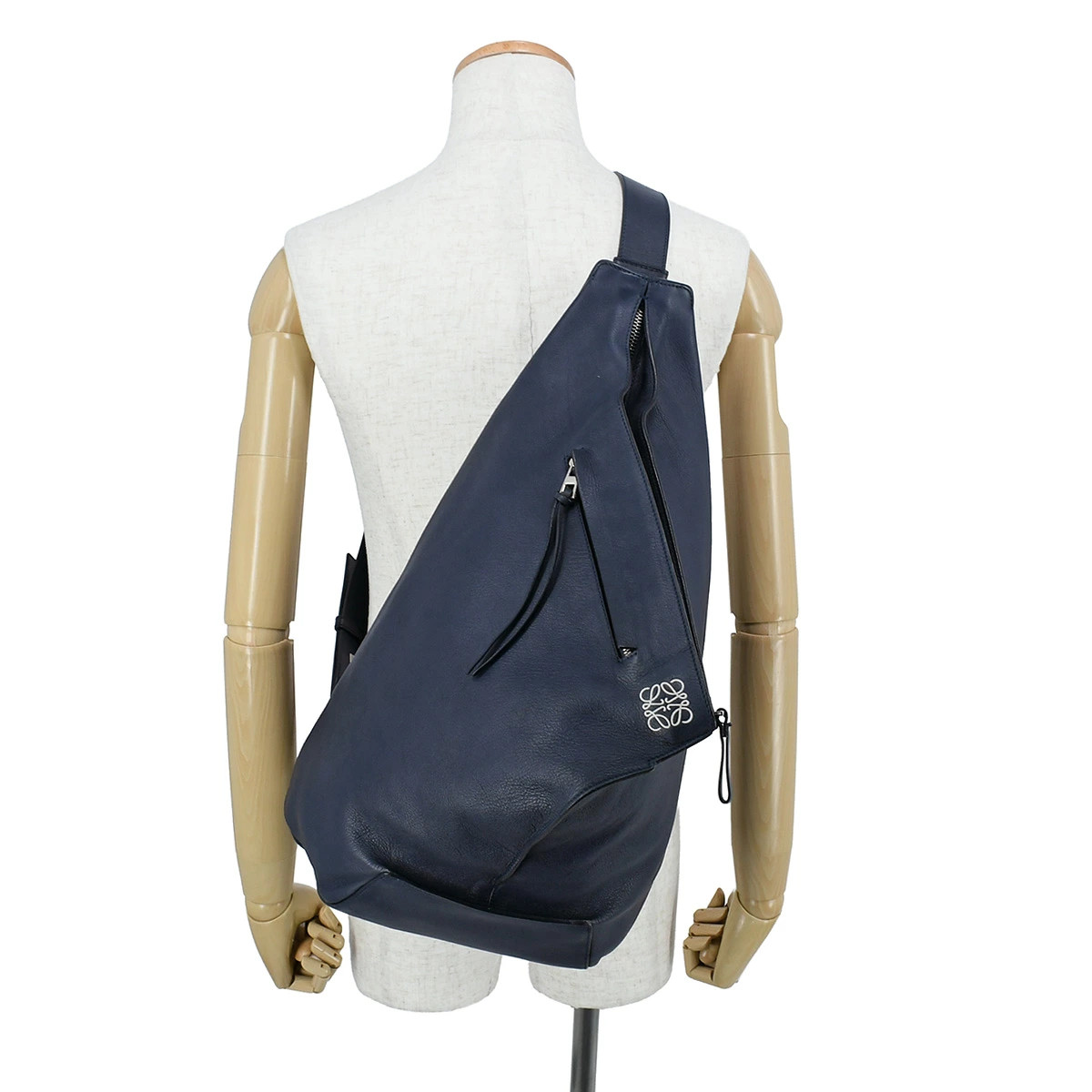 LOEWE Anagram Anton Sling Bag Body Shoulder Leather Navy Blue Silver HW