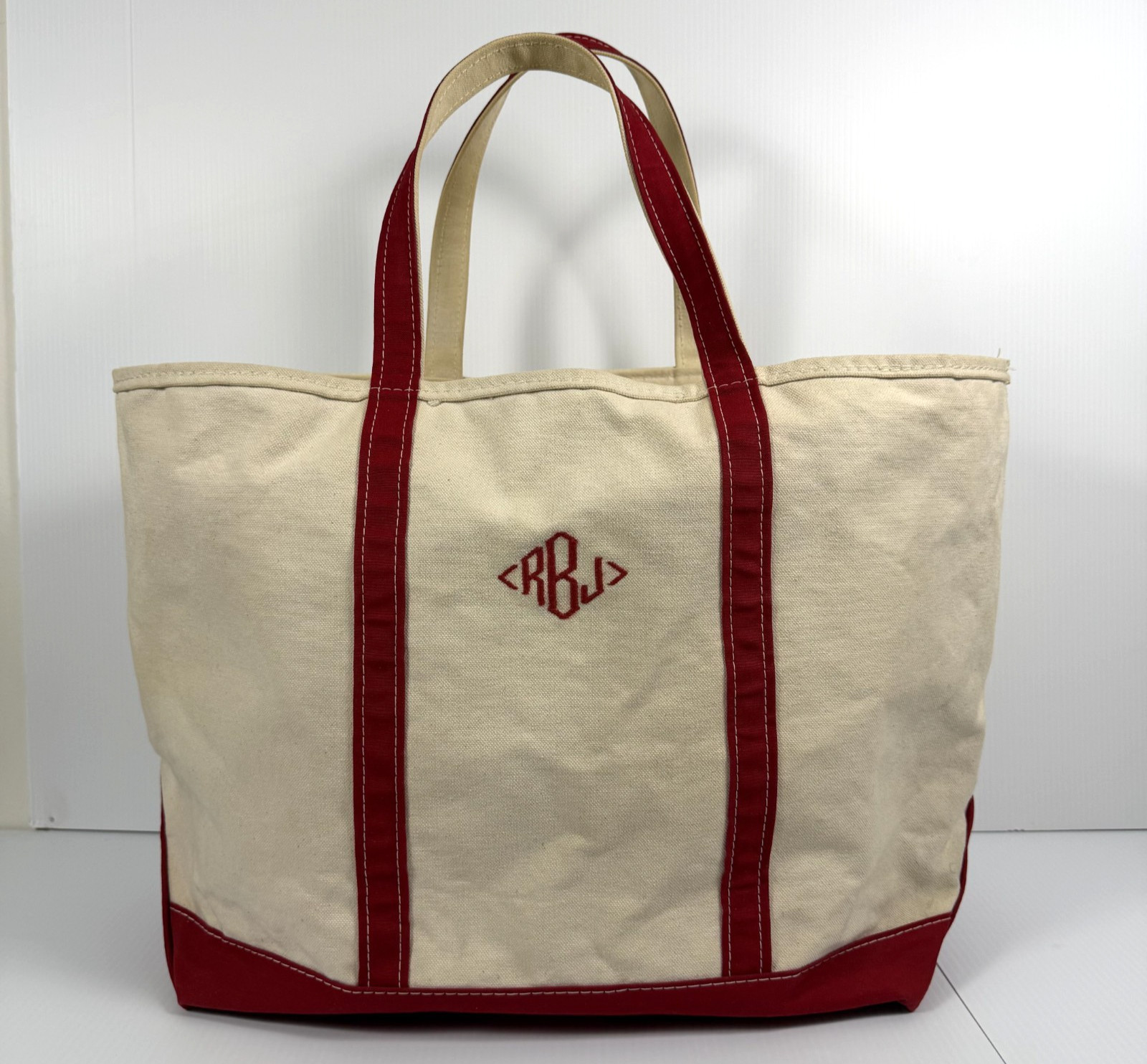 Vintage 90’s LL Bean Boat and Tote Bag Large Ivory Red Stiff Canvas USA
