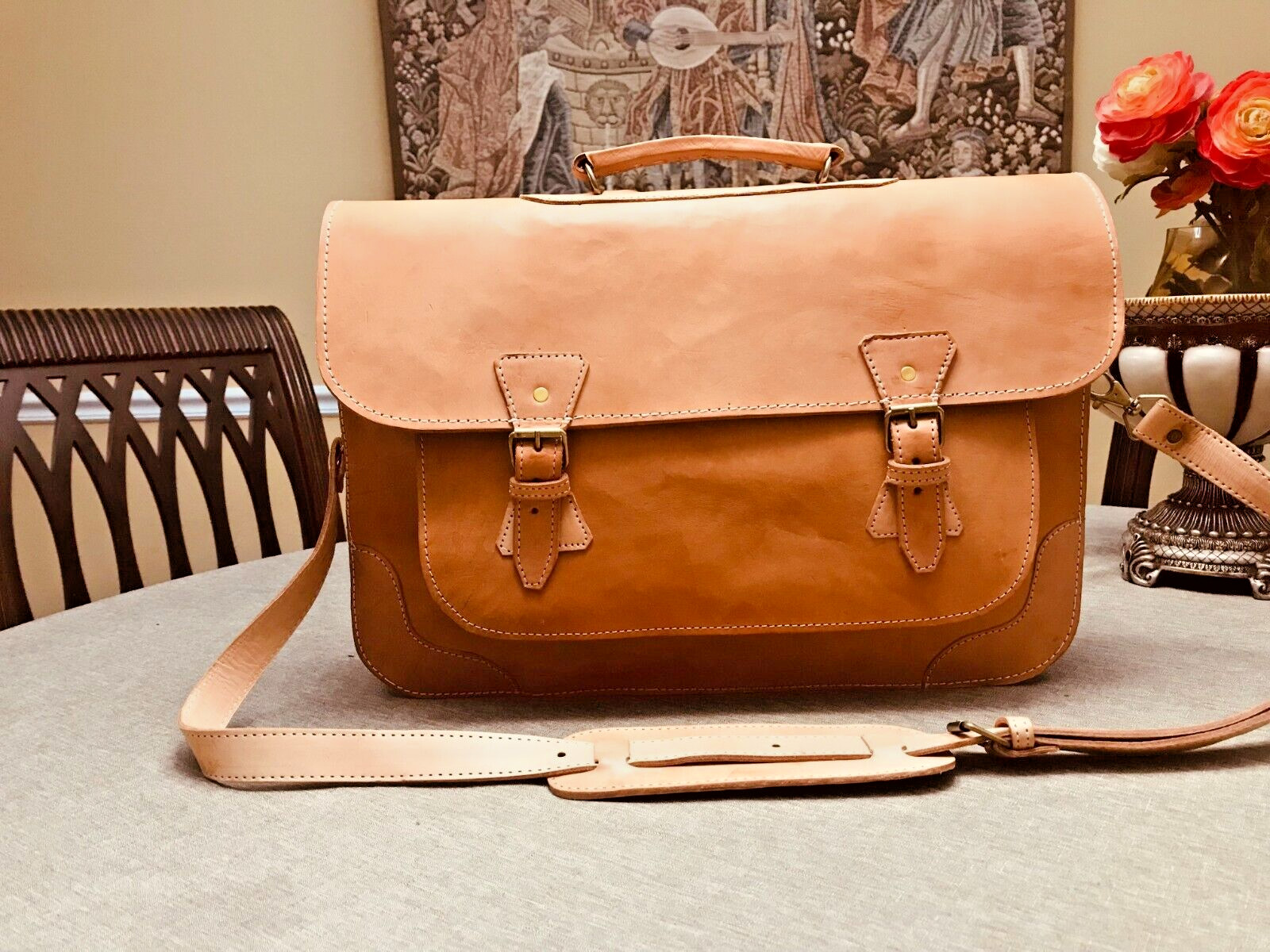 Natural Tan Burnished Belting Leather Briefcase / Messenger Bag – SPAIN