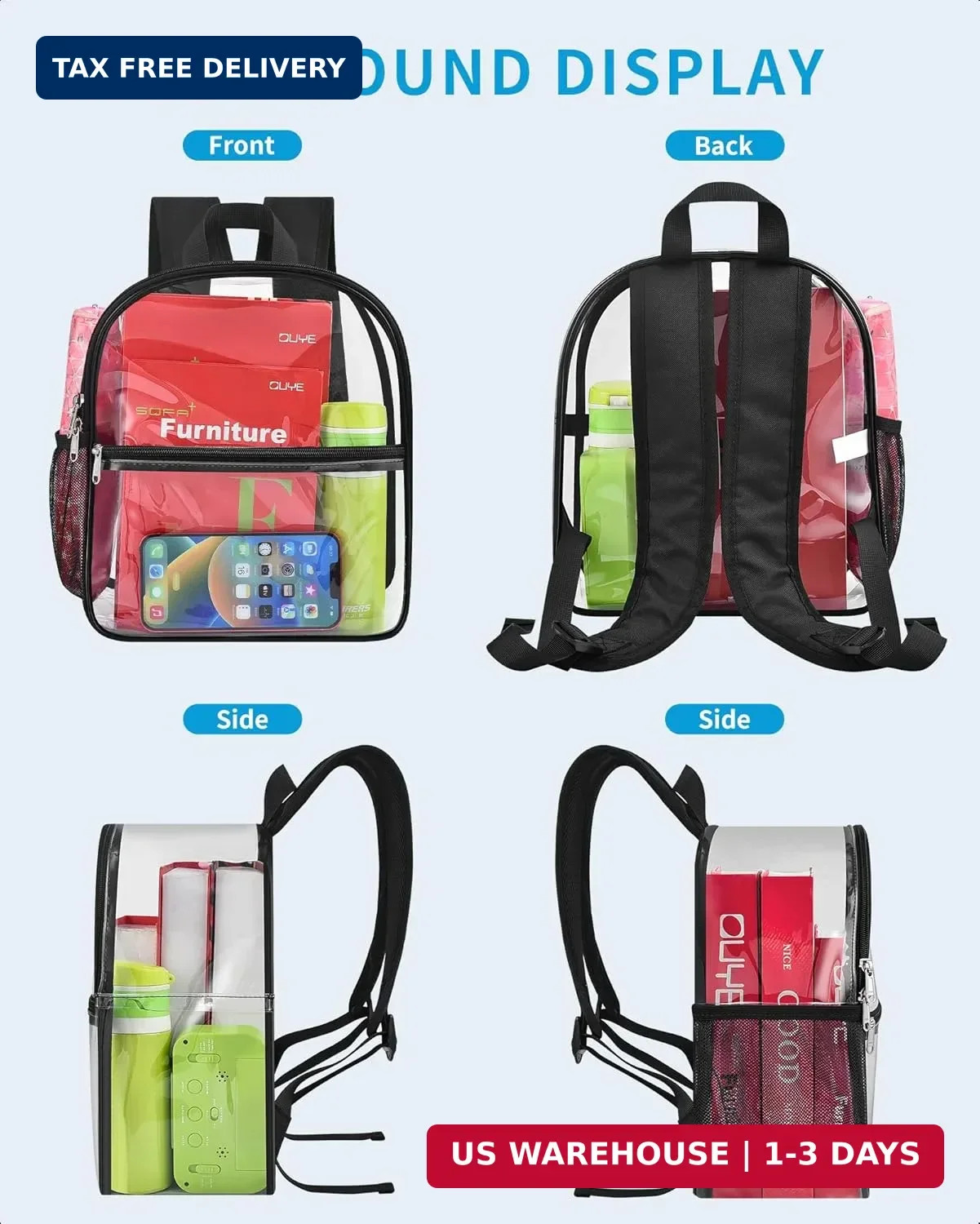 Paxiland Clear Backpack Stadium Approved 12×12×6 with Reinforced and Wider Shoul