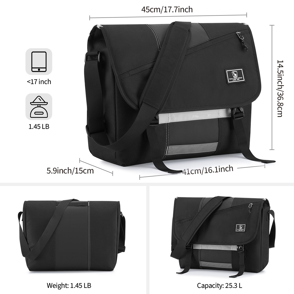 OIWAS Black Messenger Bag 17″ School Shoulder Bag Laptop Crossbody Bag Case