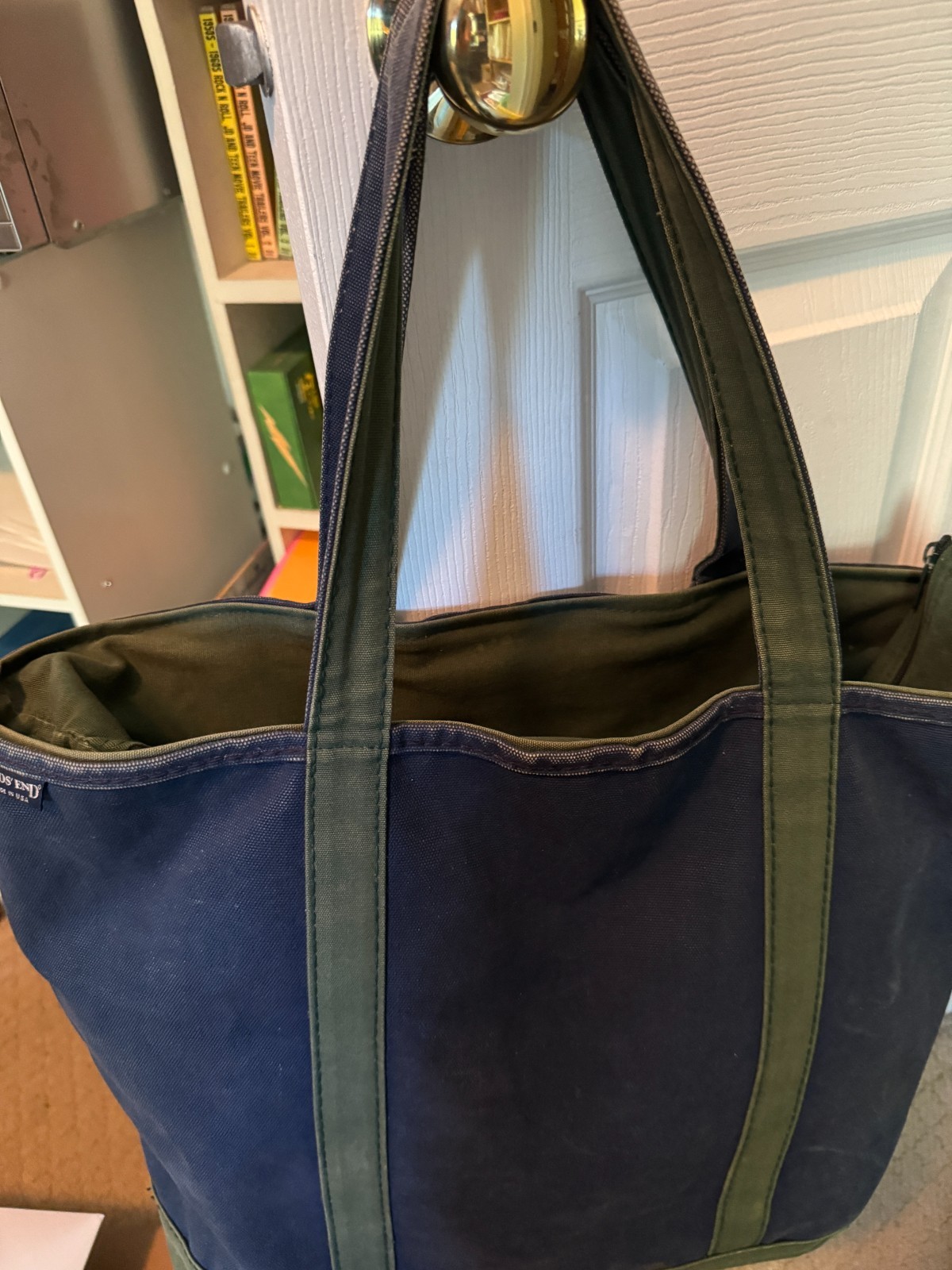 LANDS’ END HEAVY CANVAS ZIP TOTE LARGE 22X14 NAVY GREEN MADE IN USA