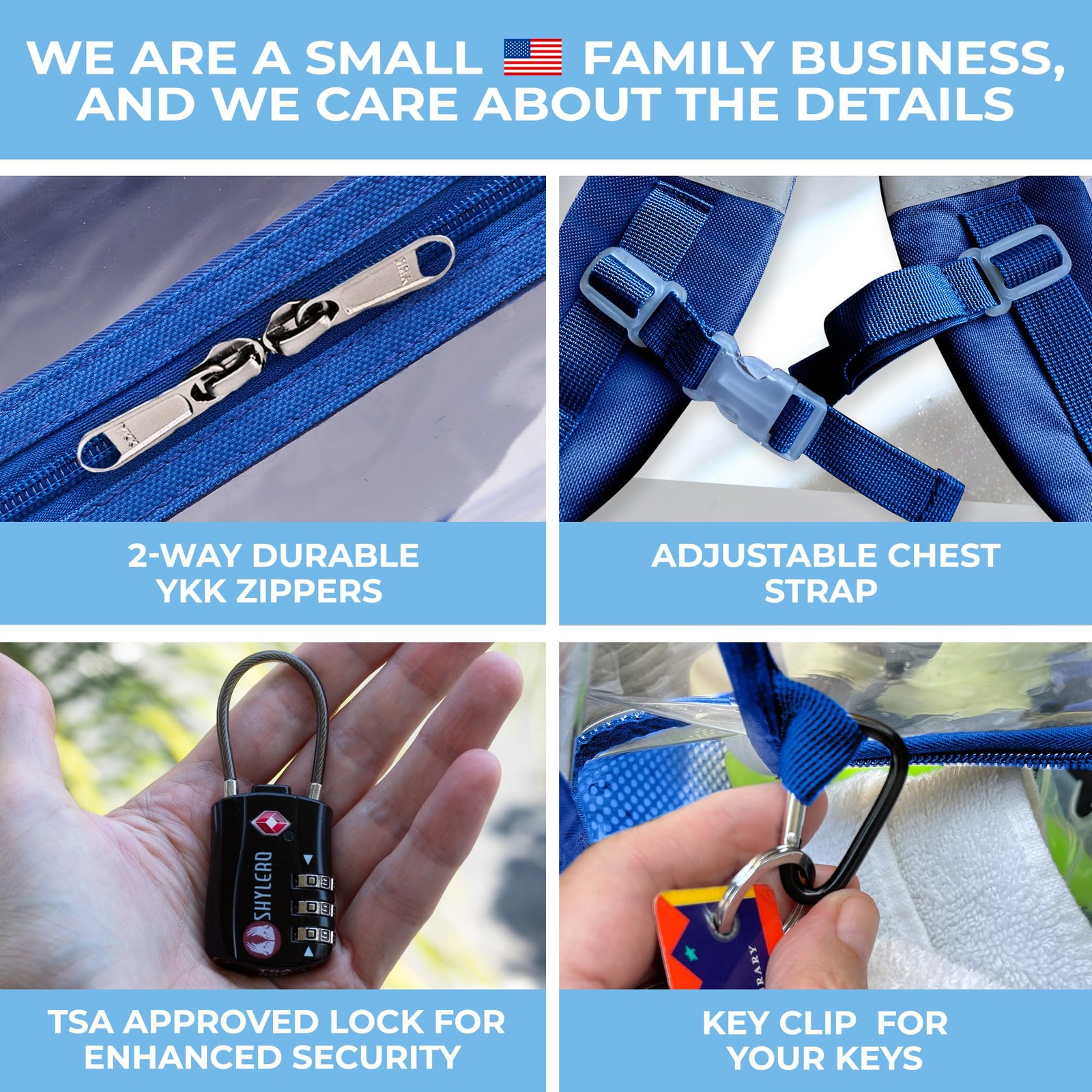 Clear Backpack Heavy Duty TSA Lock 18x14x8 Inch Blue PVC Transparent Bag