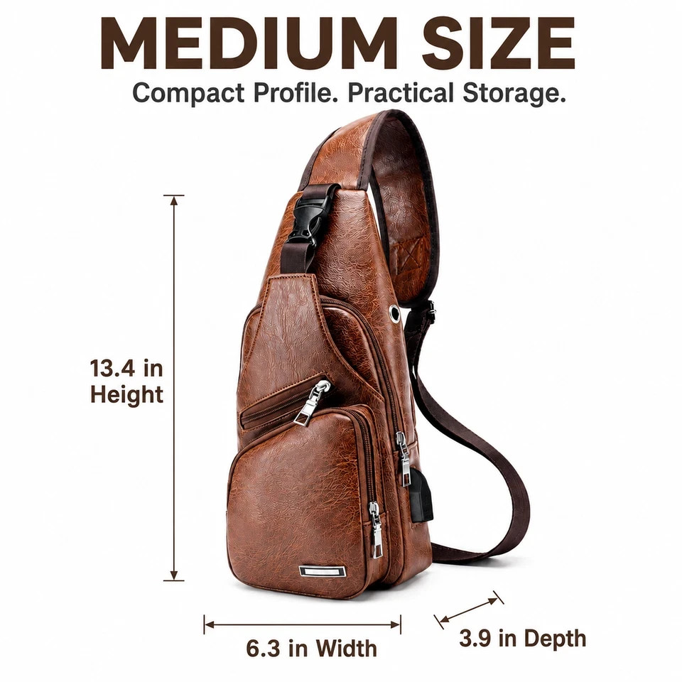 Men’s Brown Sling Backpack Crossbody Chest Bag with USB Charging Port