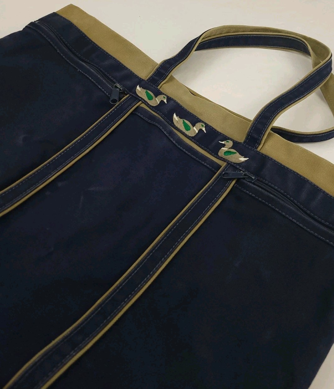 Vintage 90s Dun Mor Designs Duck Embroidered Heavy Canvas Tote Bag USA Navy Tan