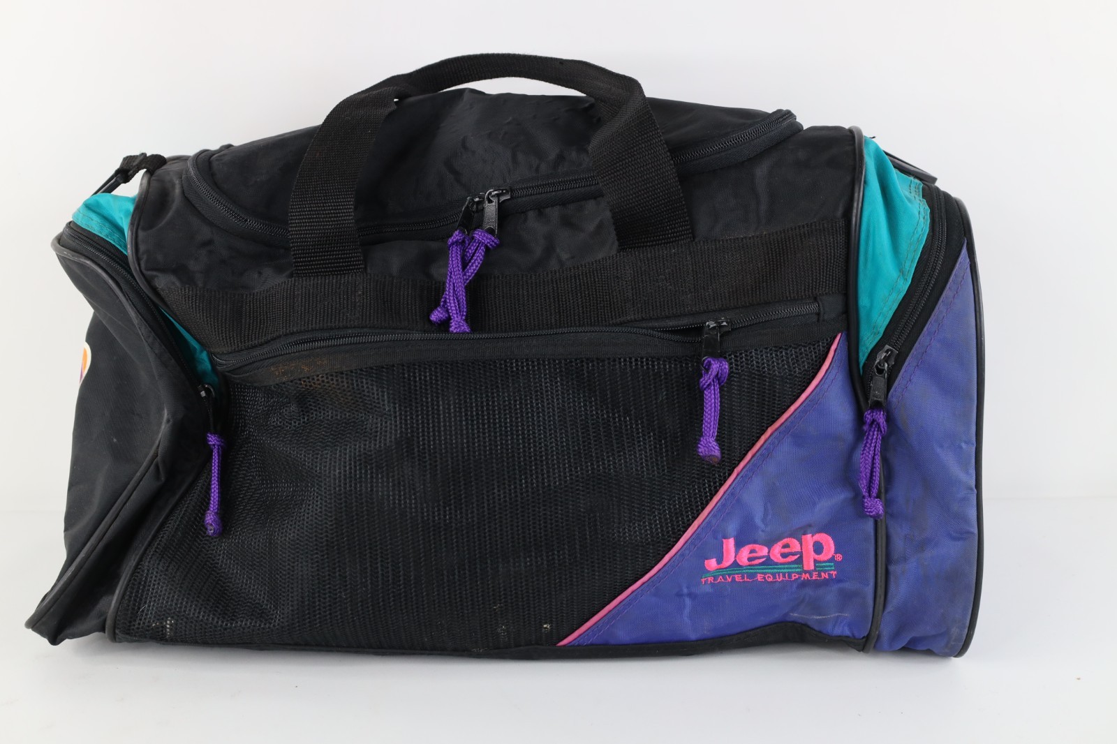 Vtg 90s Jeep Travel Equipment Distressed Spell Out Handled Duffel Bag Carry On