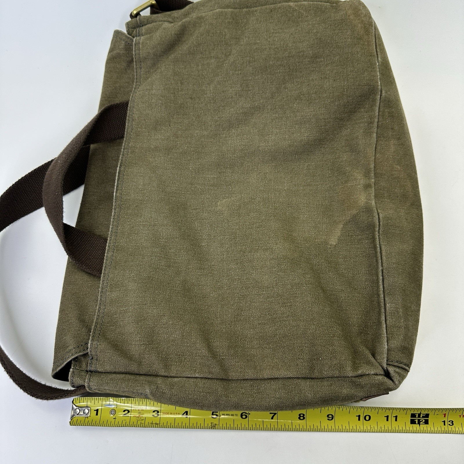 Fossil Green Brown Canvas Laptop Messenger Bag with Adjustable Strap and Pockets