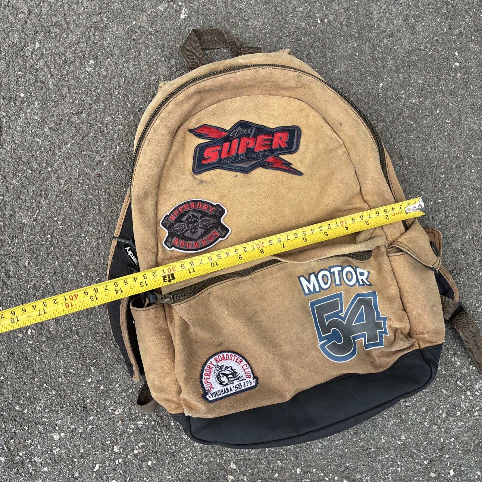 Superdry Small PATCHES Backpack Bag Brown “Motor 54” Bag! Rare!