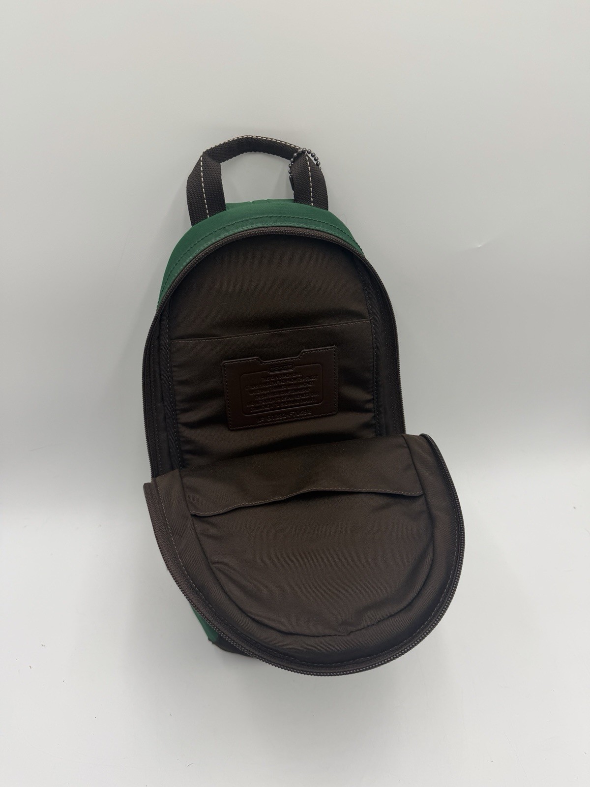 Coach Varick Nylon Sling Pack F70692 Green Brown Leather Crossbody Backpack Bag