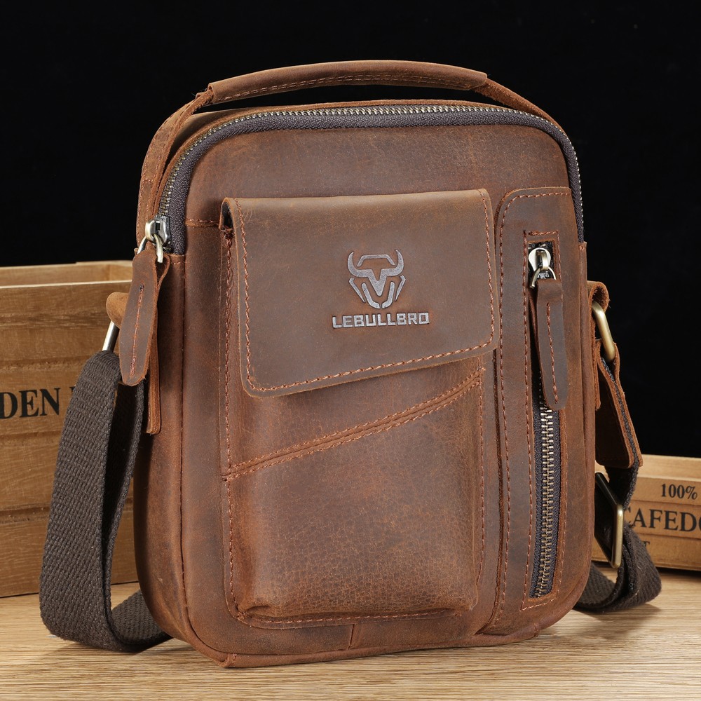 Men’s Crazy Horse Leather Messenger Bag – Sling Bag Crossbody Shoulder Handbag M
