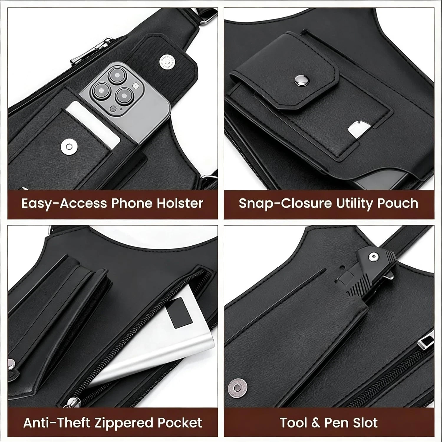 Men Double Shoulder Underarm Bag Anti Theft Holster PU Leather Travel Chest Bag