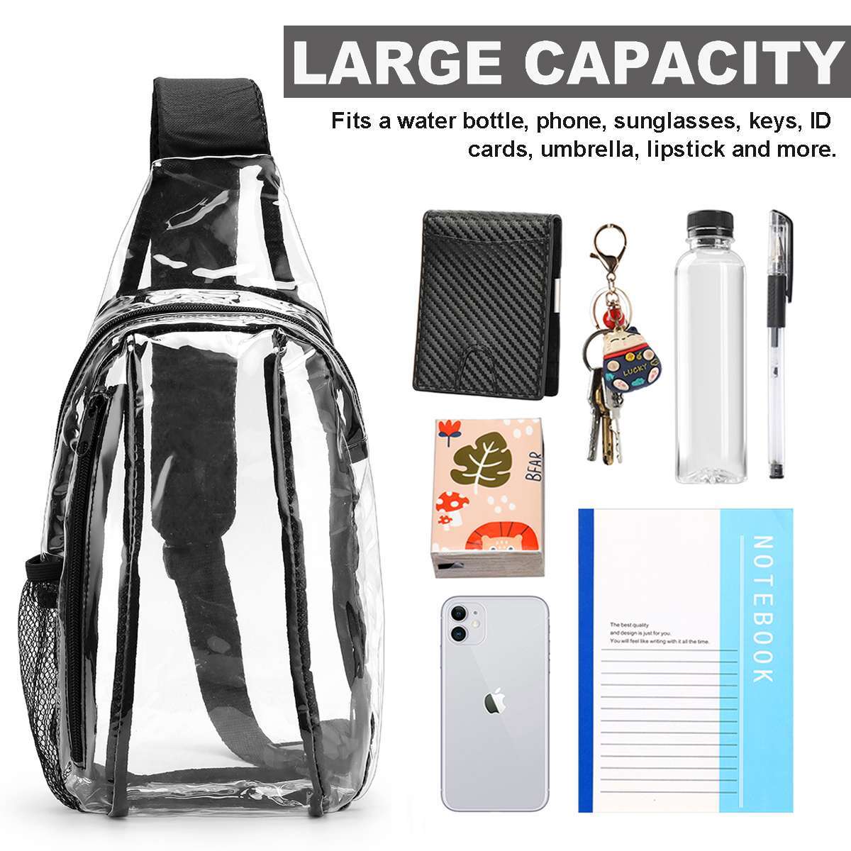 Clear PVC Sling Bag Transparent Stadium Adjustable Shoulder Crossbody Backpack