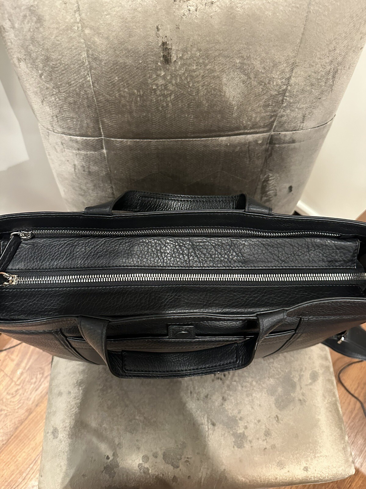 Container (Thailand) Black Leather Briefcase 16x12x4 w/ Shoulder Strap