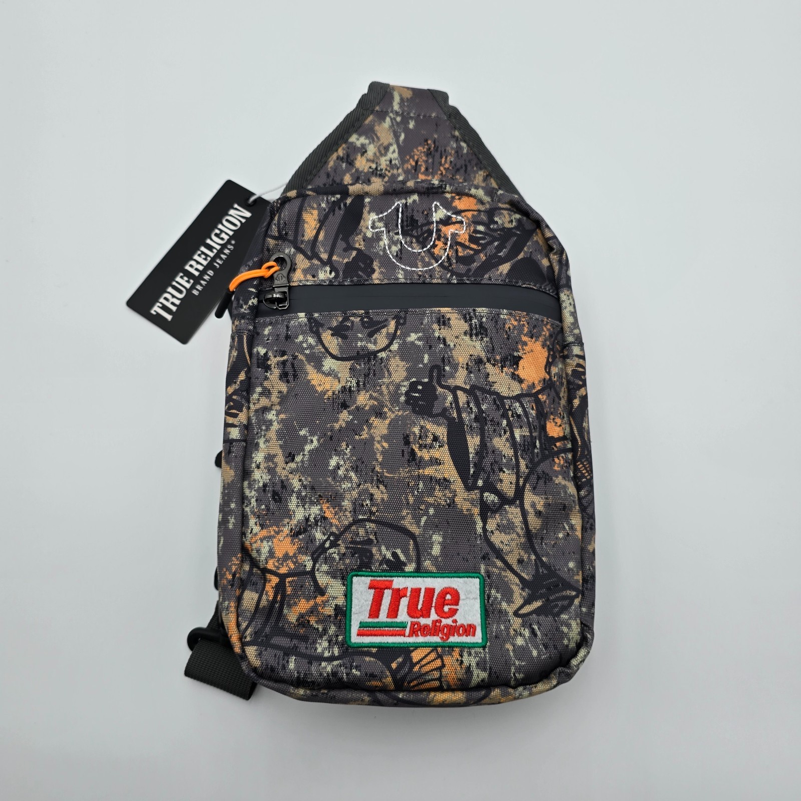 True Religion Petrol Camo Crossbody Sling Bag Logo Patch NEW