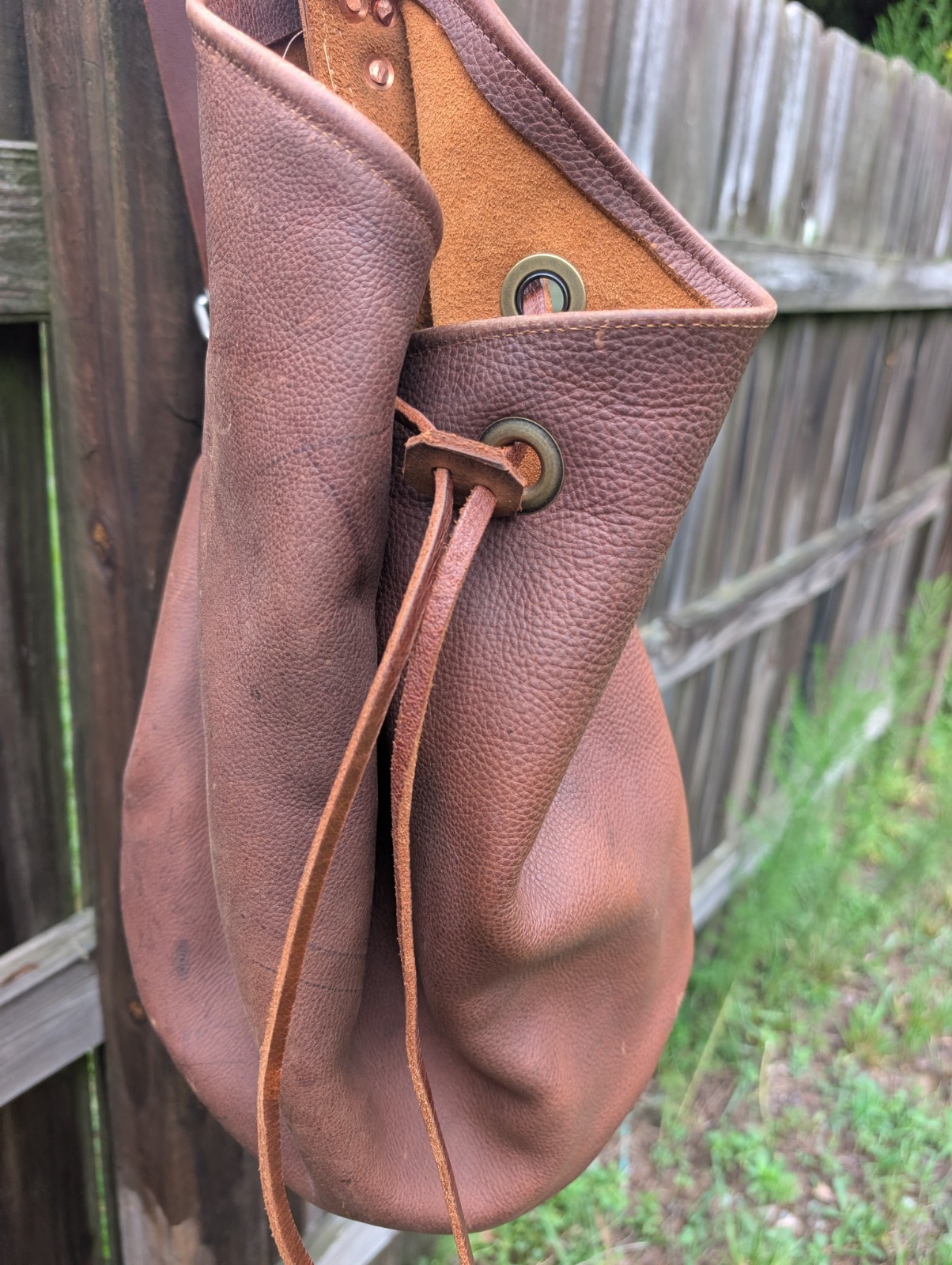 Brown leather Bucket Bag w/ Buckle, Adjustable Shoulder Strap, Unisex boho