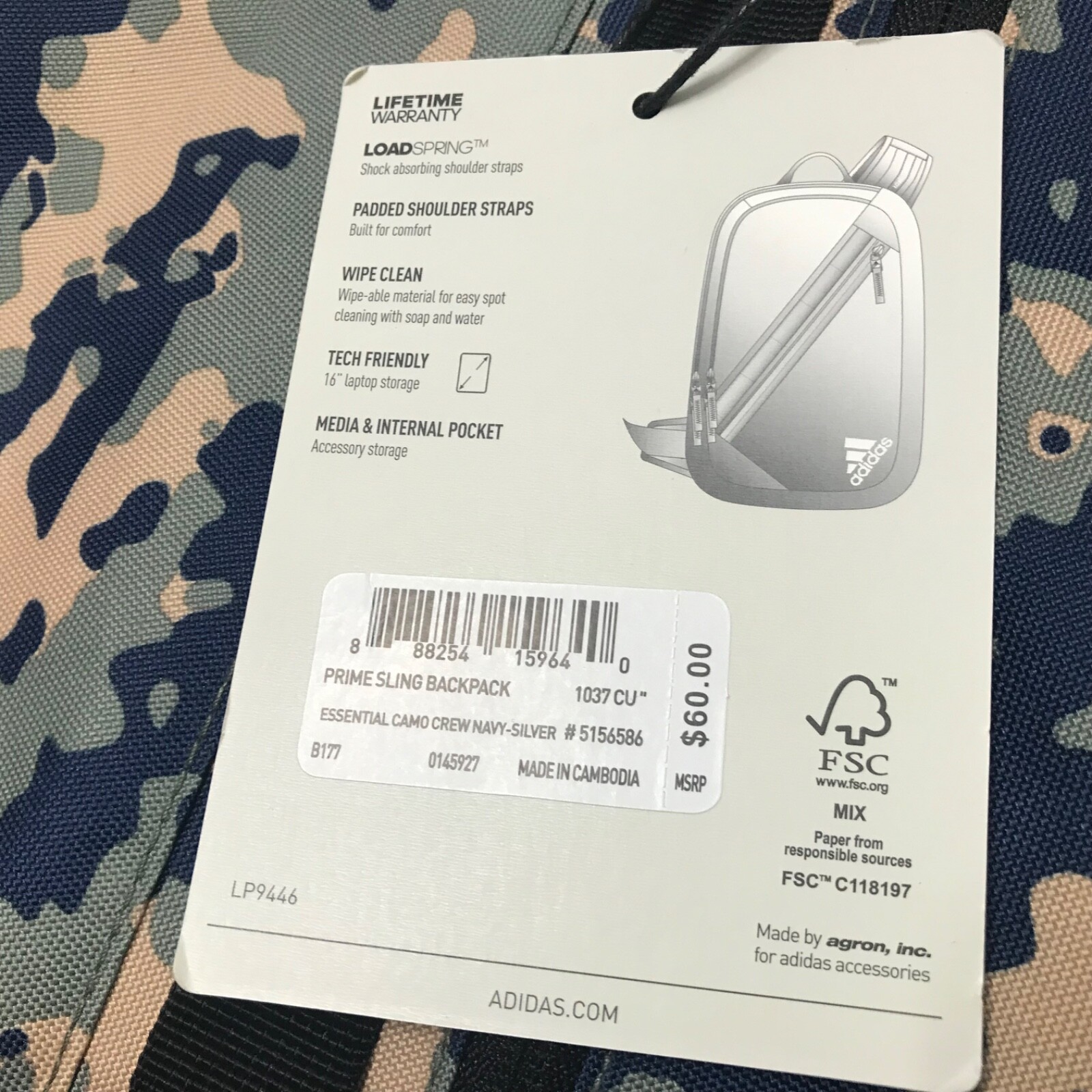 Adidas Prime Sling Single Strap Crossbody Backpack Camo Crew Navy Beige New