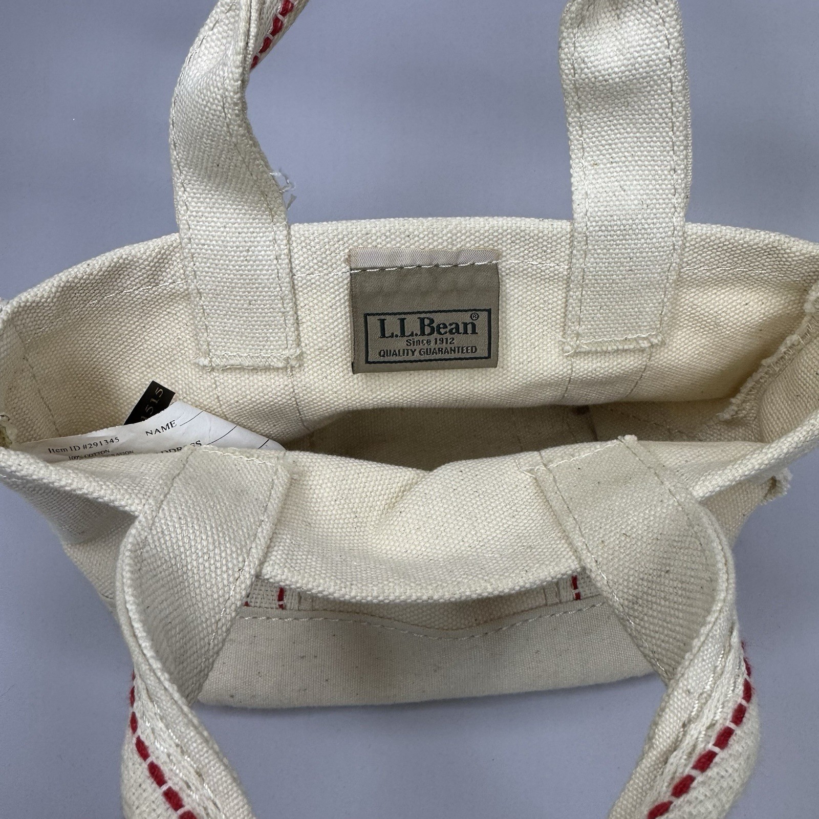 Vintage Micro Mini LL Bean Boat Tote Bag White Red Stitch Double Handle 5-1/2″