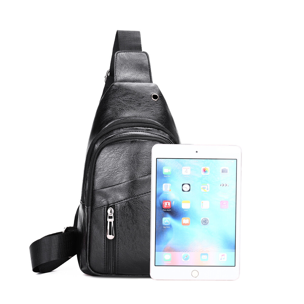 Men’s Chest Bags Sling Backpack Leather Crossbody Purse with Earphone Cable Port