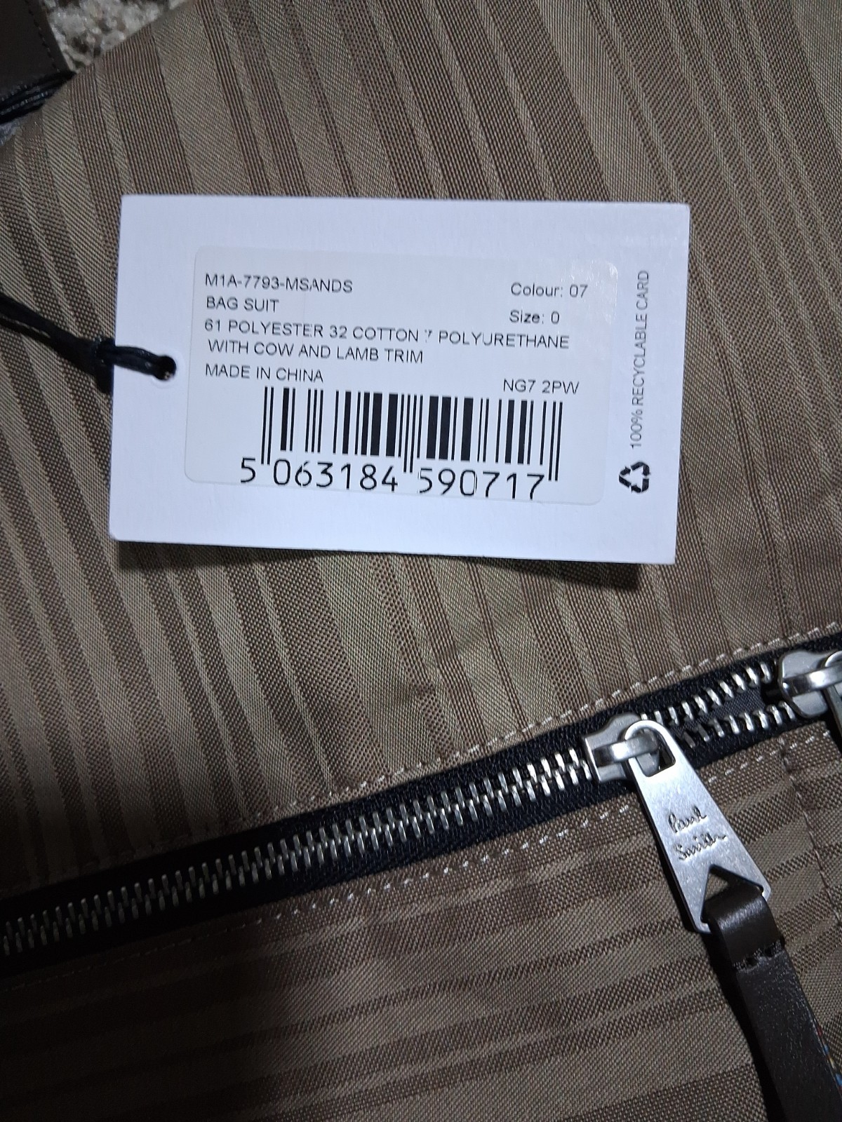 Paul Smith Garment Suit Bag Tan Striped With Logo