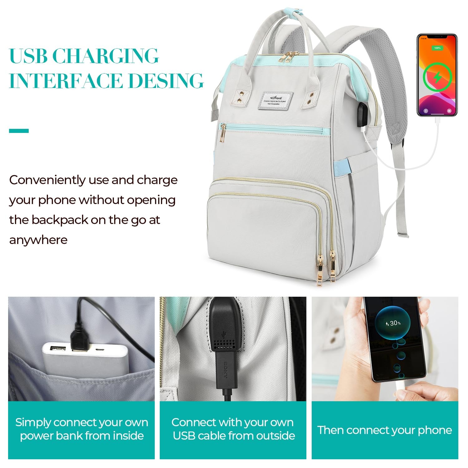 15.6 Inch Laptop Lunch Backpack Cooler Bag USB Port Grey Blue Work Travel
