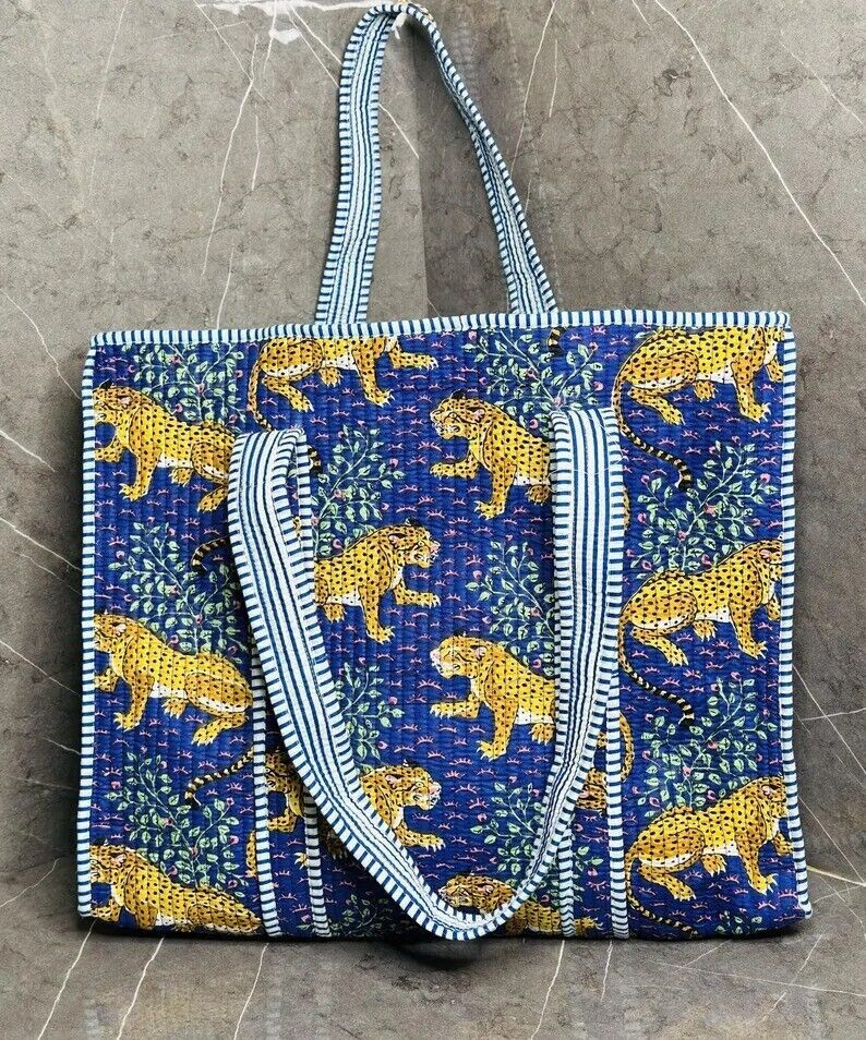 Multi Tiger Print Quilted Cotton Shoulder Bag Beach Style Women’s Handbag