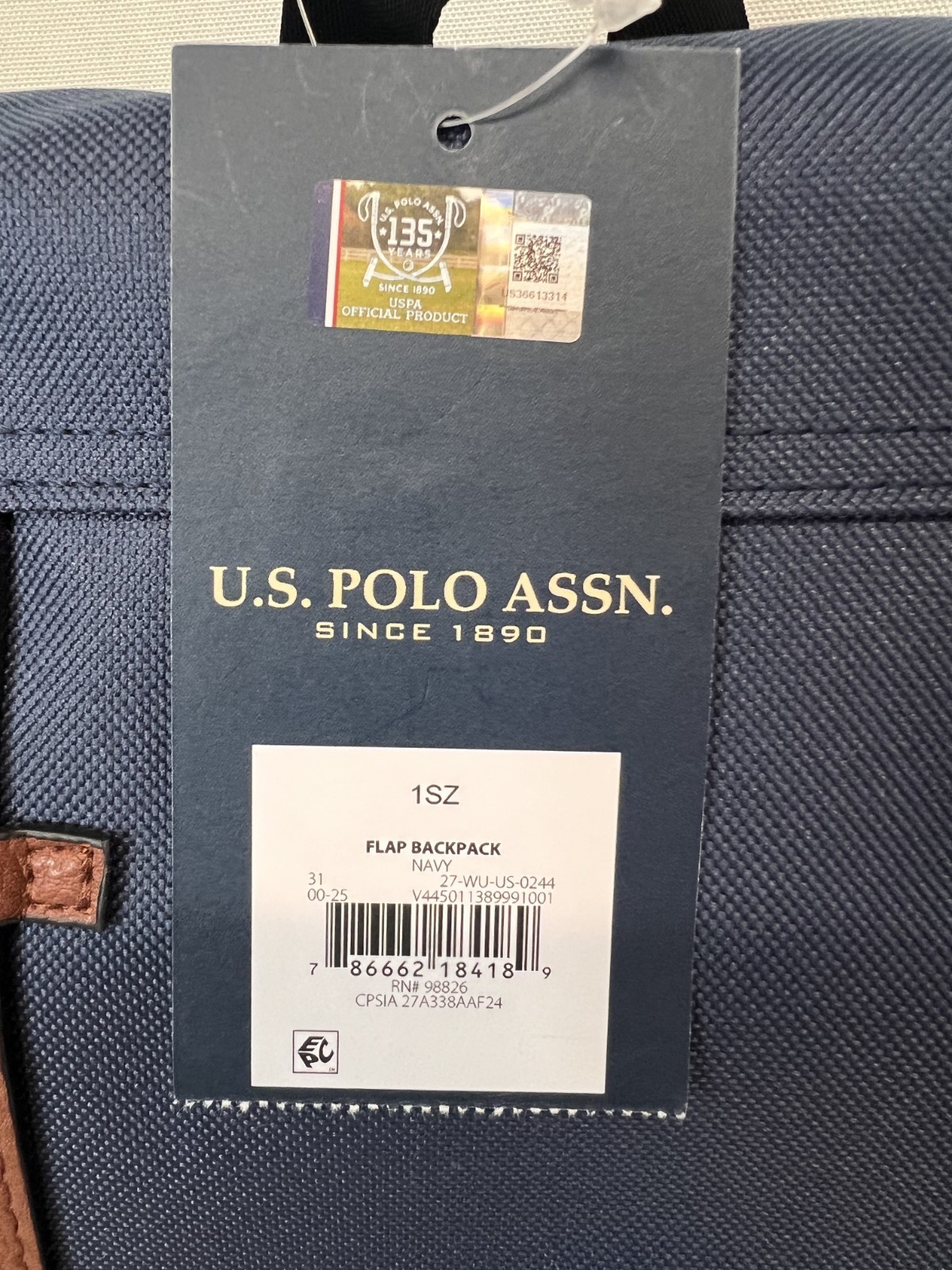 U.S. POLO ASSN. Unisex Top Loader Flap Backpack Navy Blue Water Resistant Travel