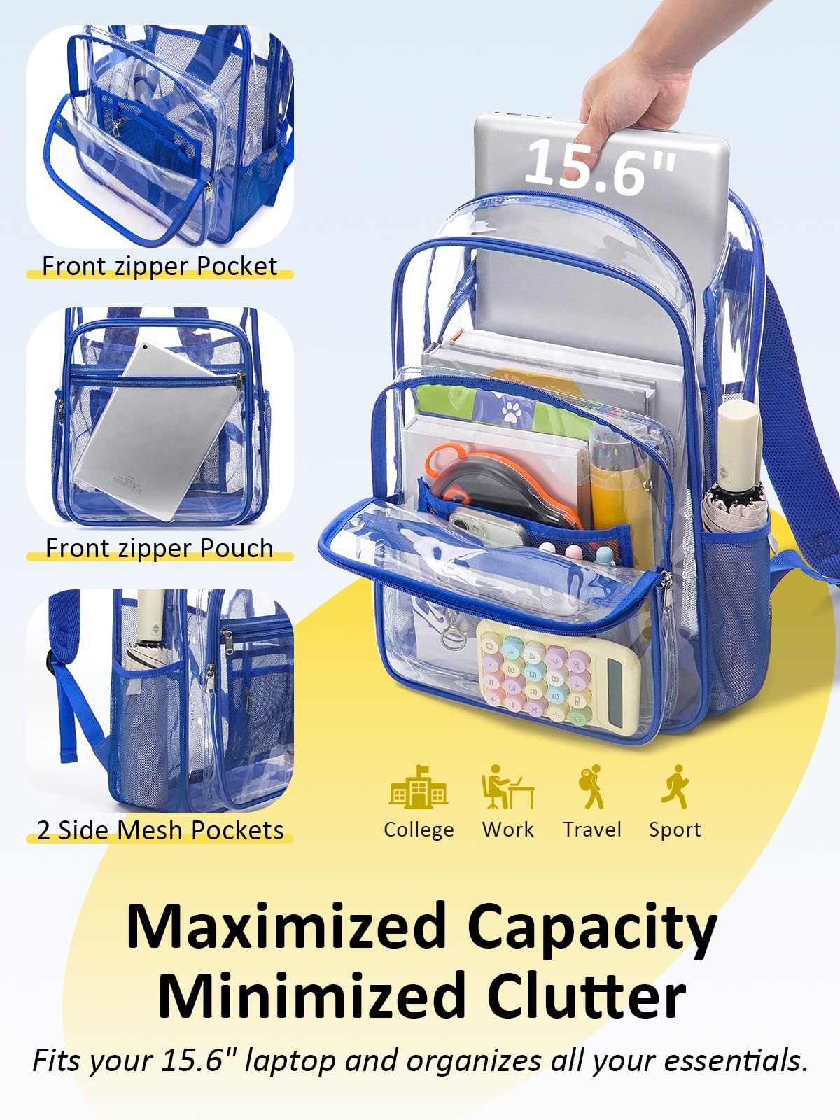 Blue Clear Backpack Heavy Duty TSA Lock 18 Inch Transparent See Through