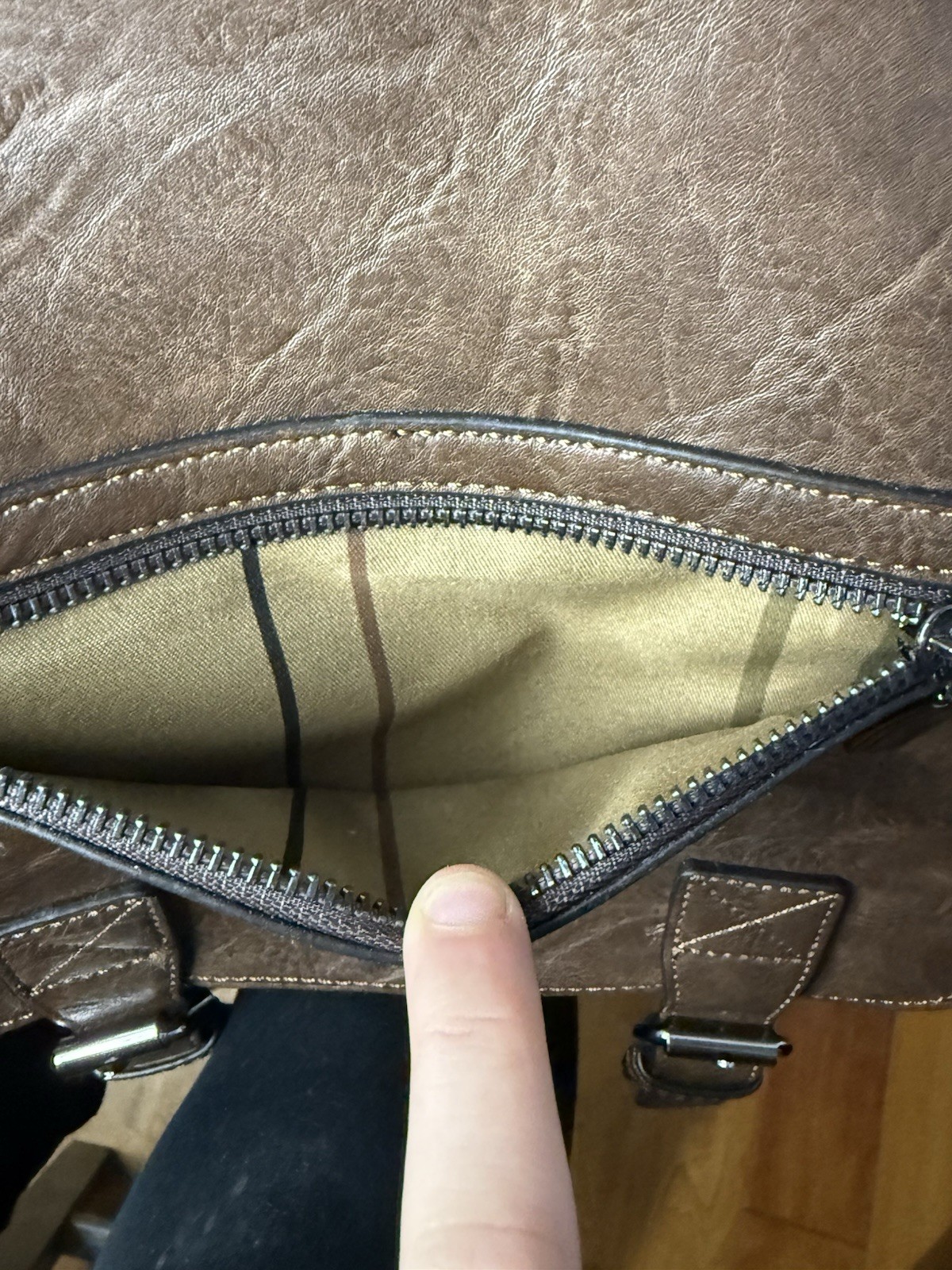 Brown Faux Leather Backpack Zip & Buckle, Padded Straps, Striped Lining