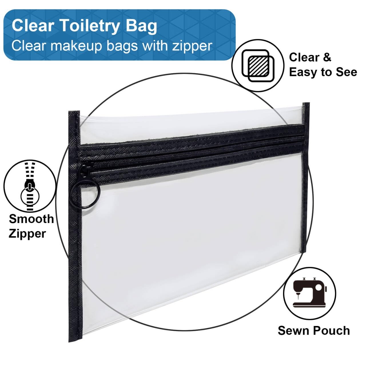 LMBTNCG Clear Toiletry Bags with 11.3 x 7.8 inches, With Black Trim
