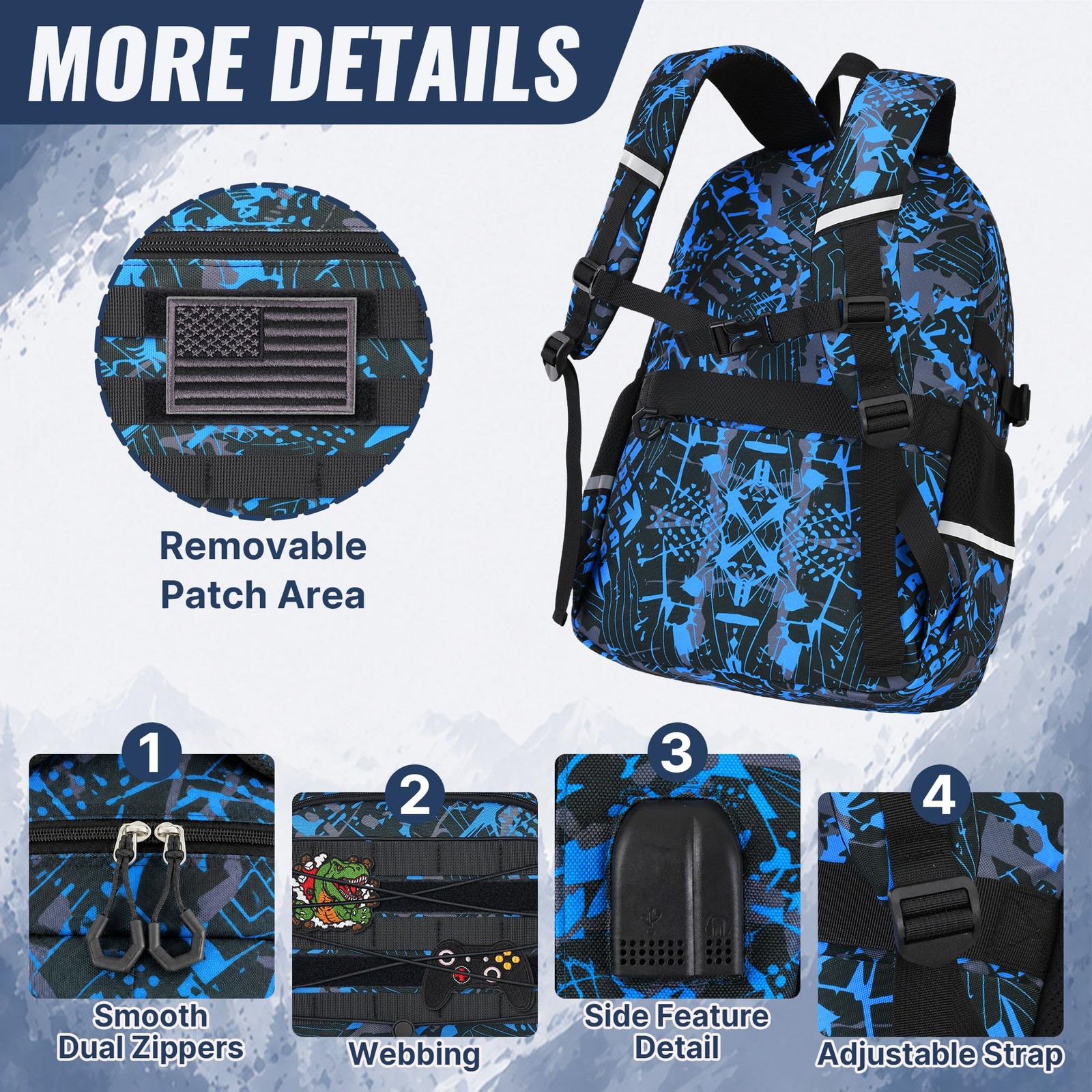Boys Backpack with Lunch Box, 4 PCS Blue Camo Large Capacity Elementary Schoo…