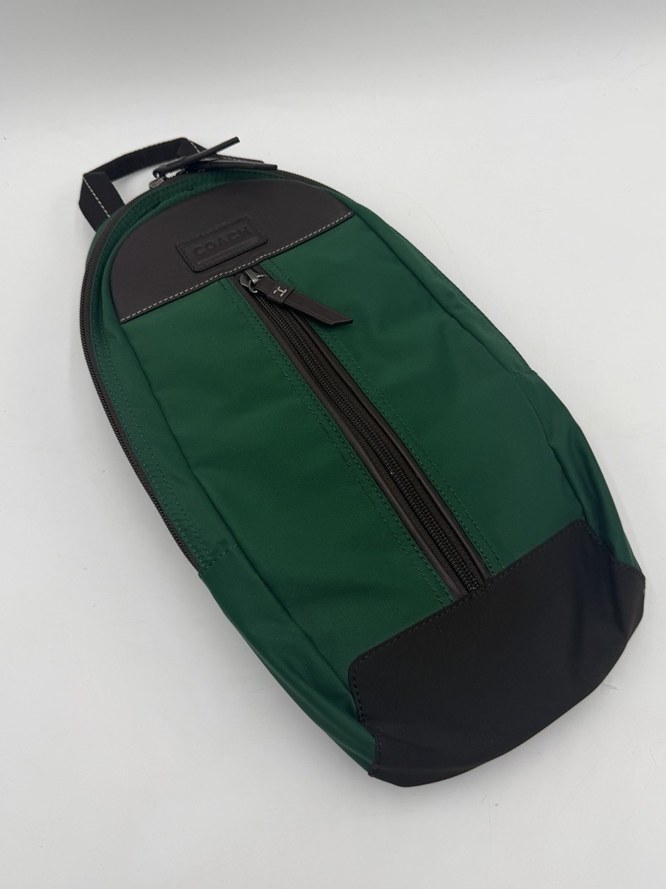 Coach Varick Nylon Sling Pack F70692 Green Brown Leather Crossbody Backpack Bag