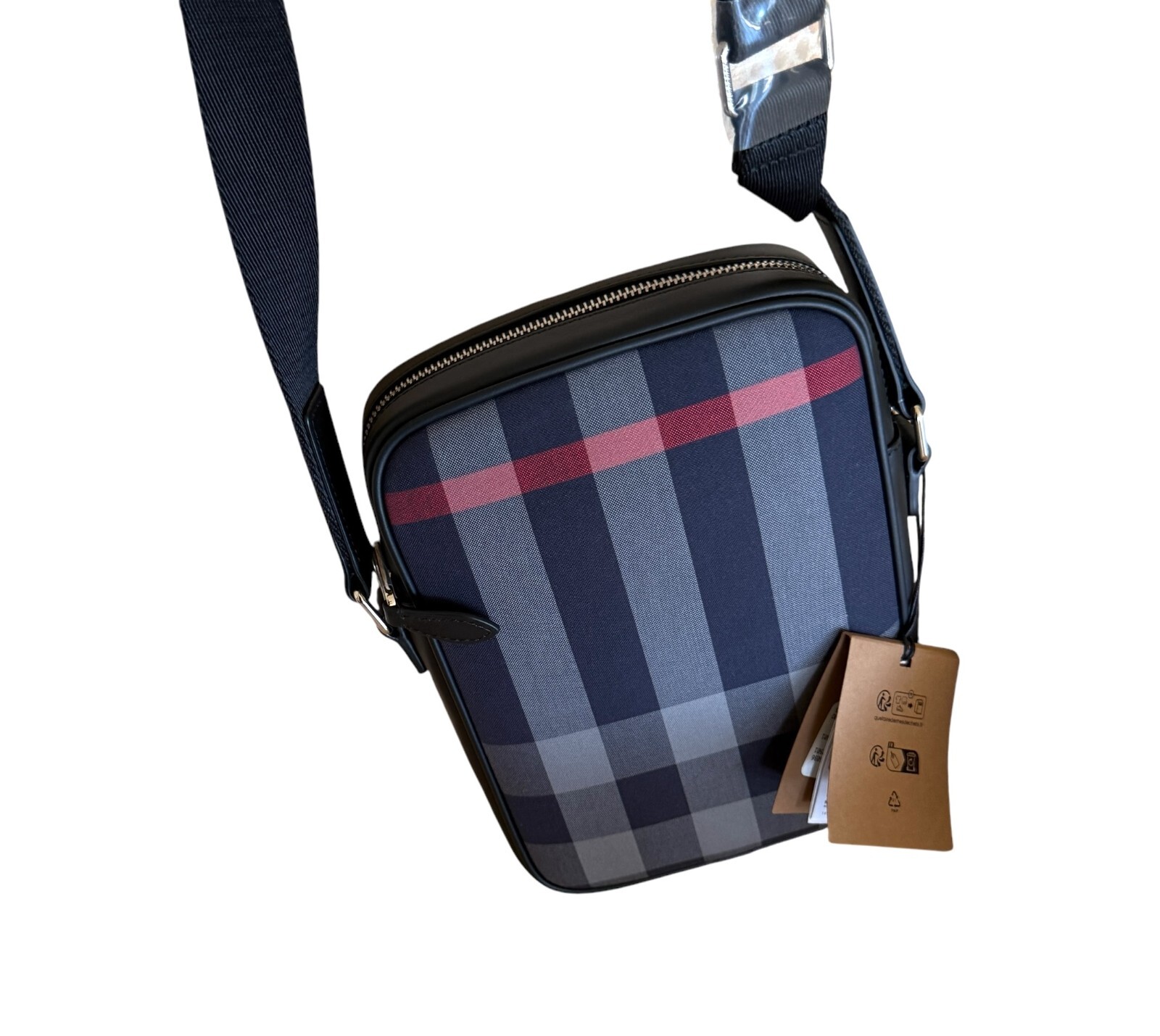 Burberry Canvas/Leather Paddy Crossbody IP Check Bag Navy/Red with black leather
