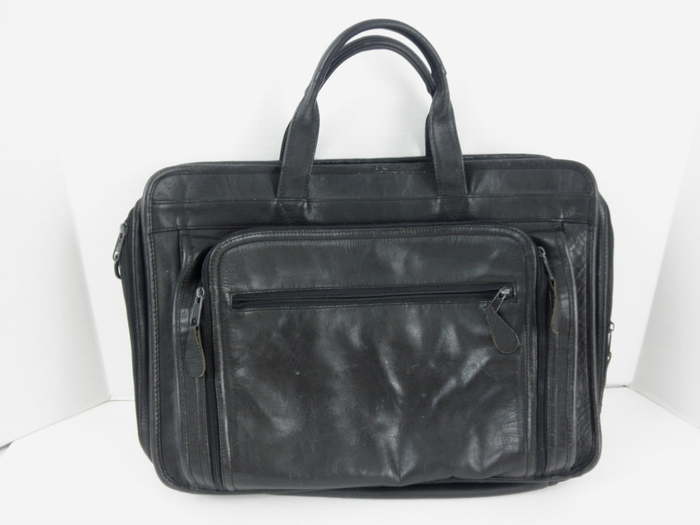 Black Leather Laptop Case Briefcase Expandable Audio Pocket Pinnacle Leather