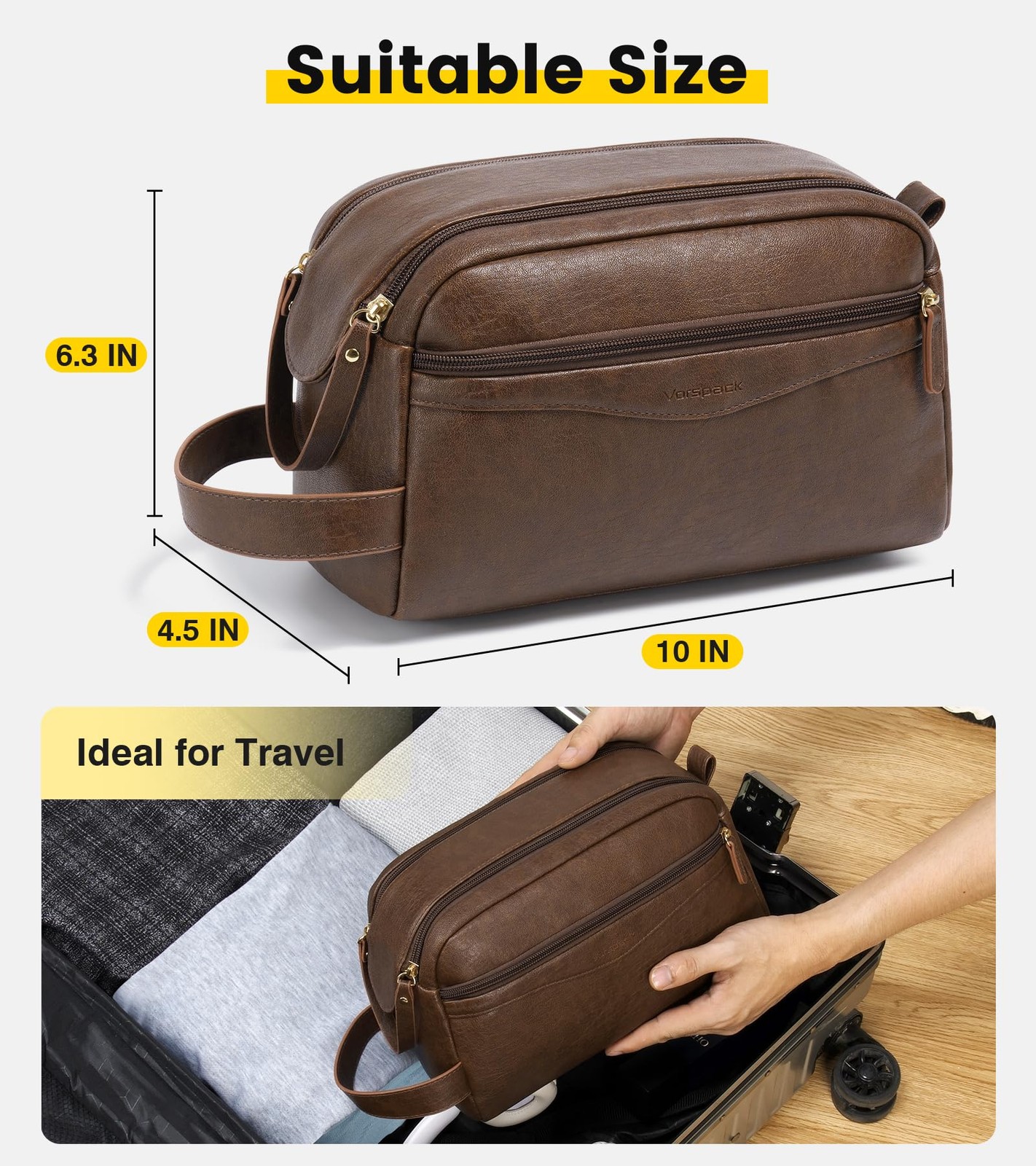 Vorspack PU Leather Toiletry Bag for Men, Water-Resistant Medium, Dark Brown