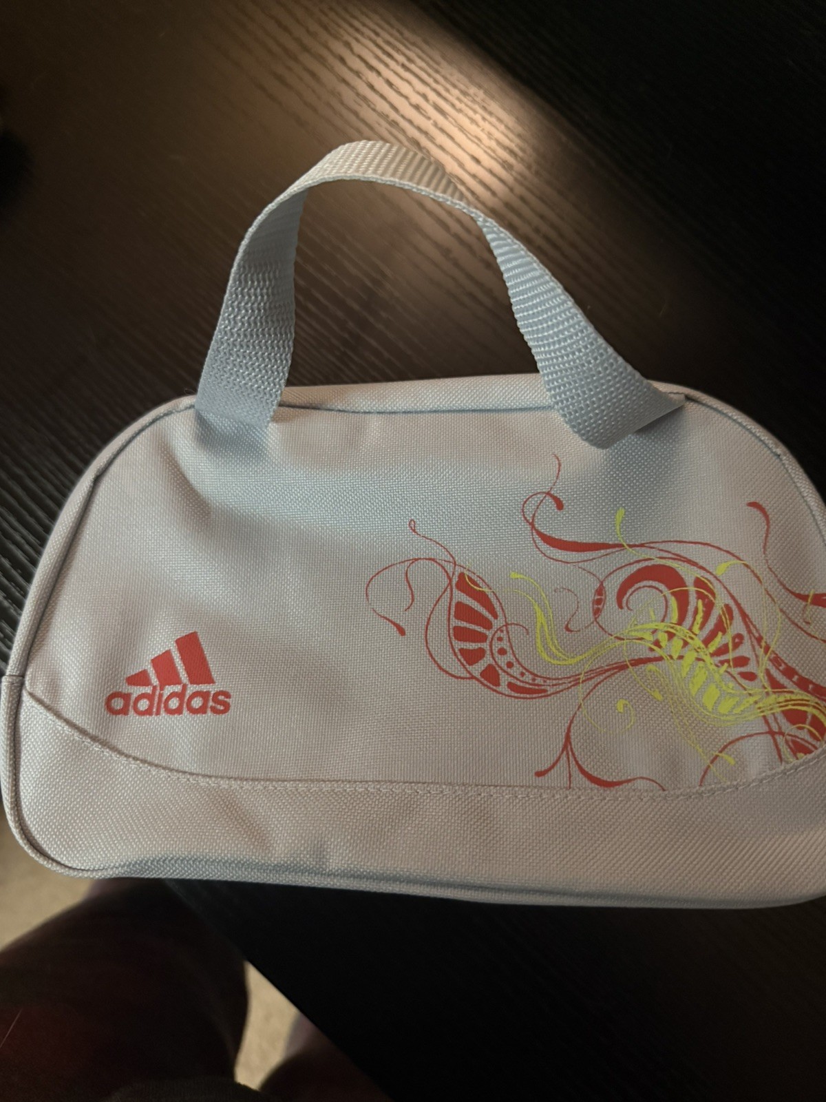 Small Adidas Make up bag light blue/grey red and yellow graphic accents