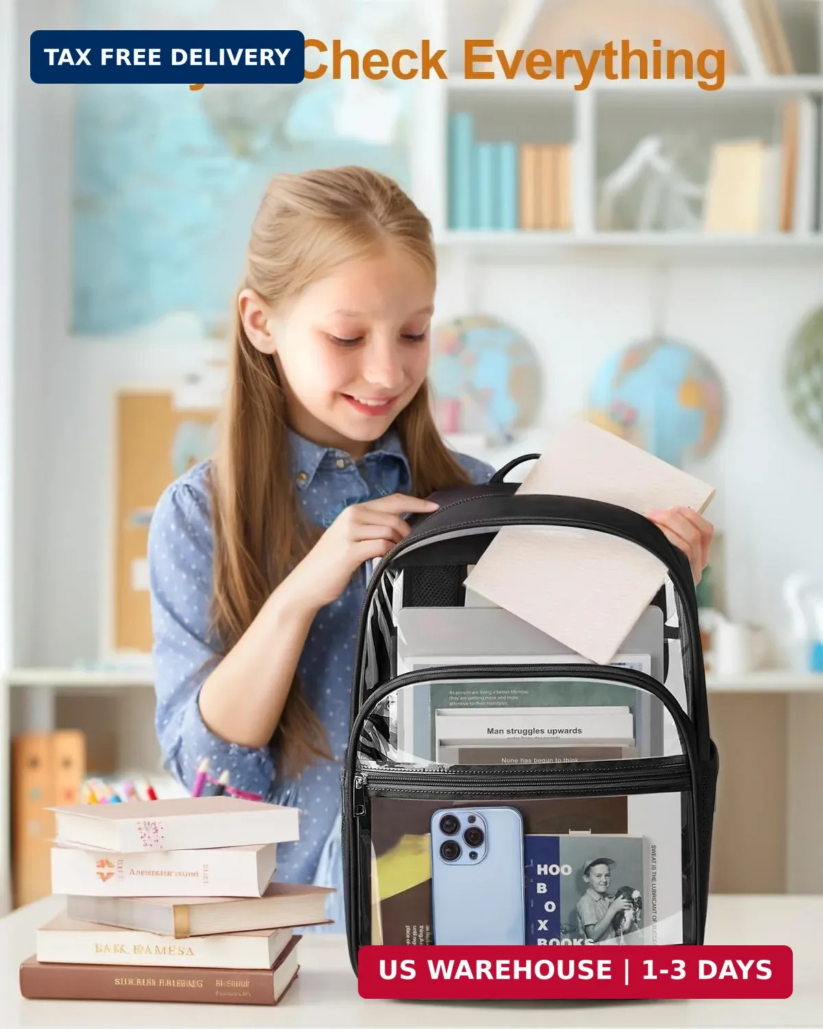 KIMNERPU Clear Backpack, Heavy Duty Transparent Bookbag for School, Fabric & PVC