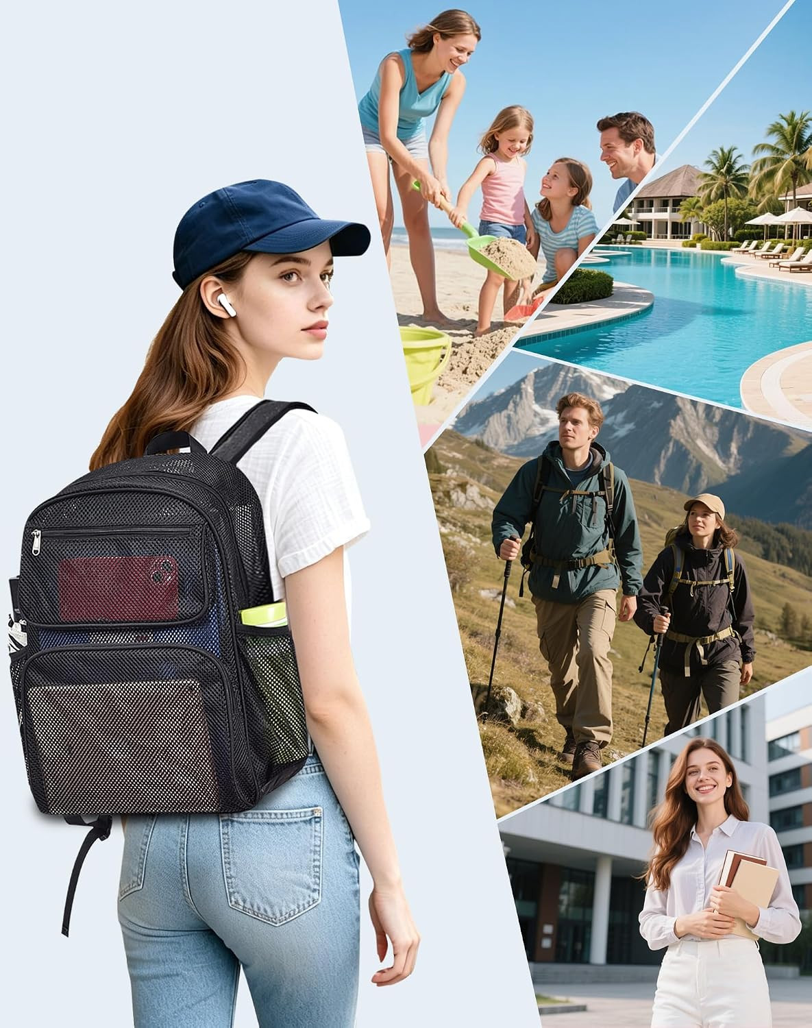 Mesh Backpack, Quick Dry See-Through Swim & Beach Backpack with Heavy-Duty Fabri