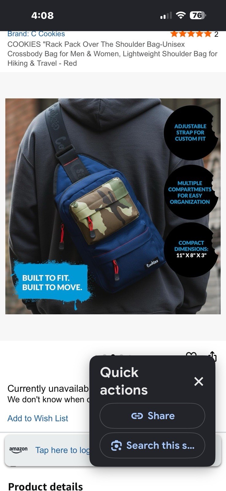 New Cookies SF Rackpack Smell Proof Crossbody Bag Blue Camo Sling Shoulder Pack