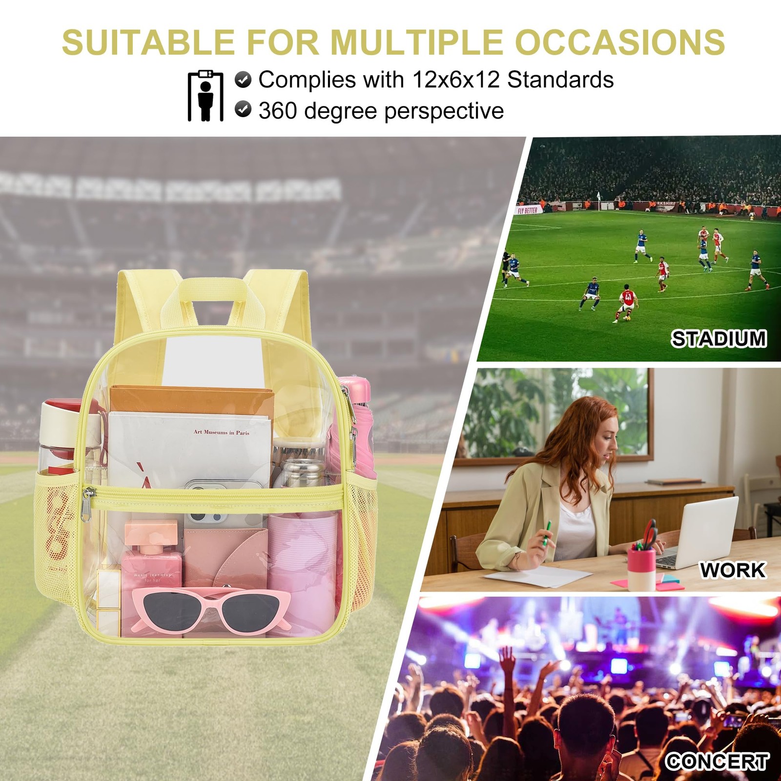 12x6x12 Inch Clear Stadium Backpack Waterproof Concert Sports Work Bag