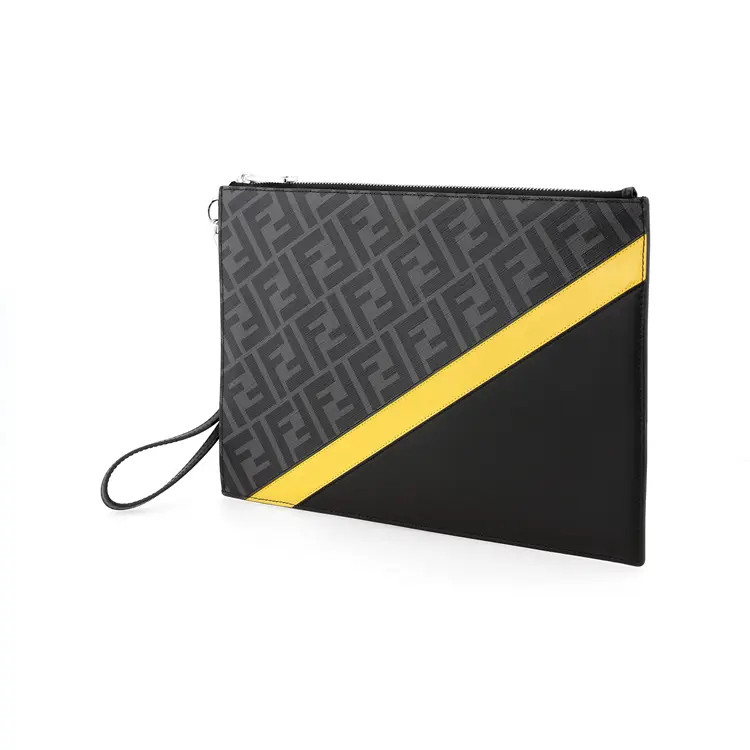 FENDI Logo FF Canvas Leather Clutch Bag Regular Men’s Black Gray 11.4×7.5 in