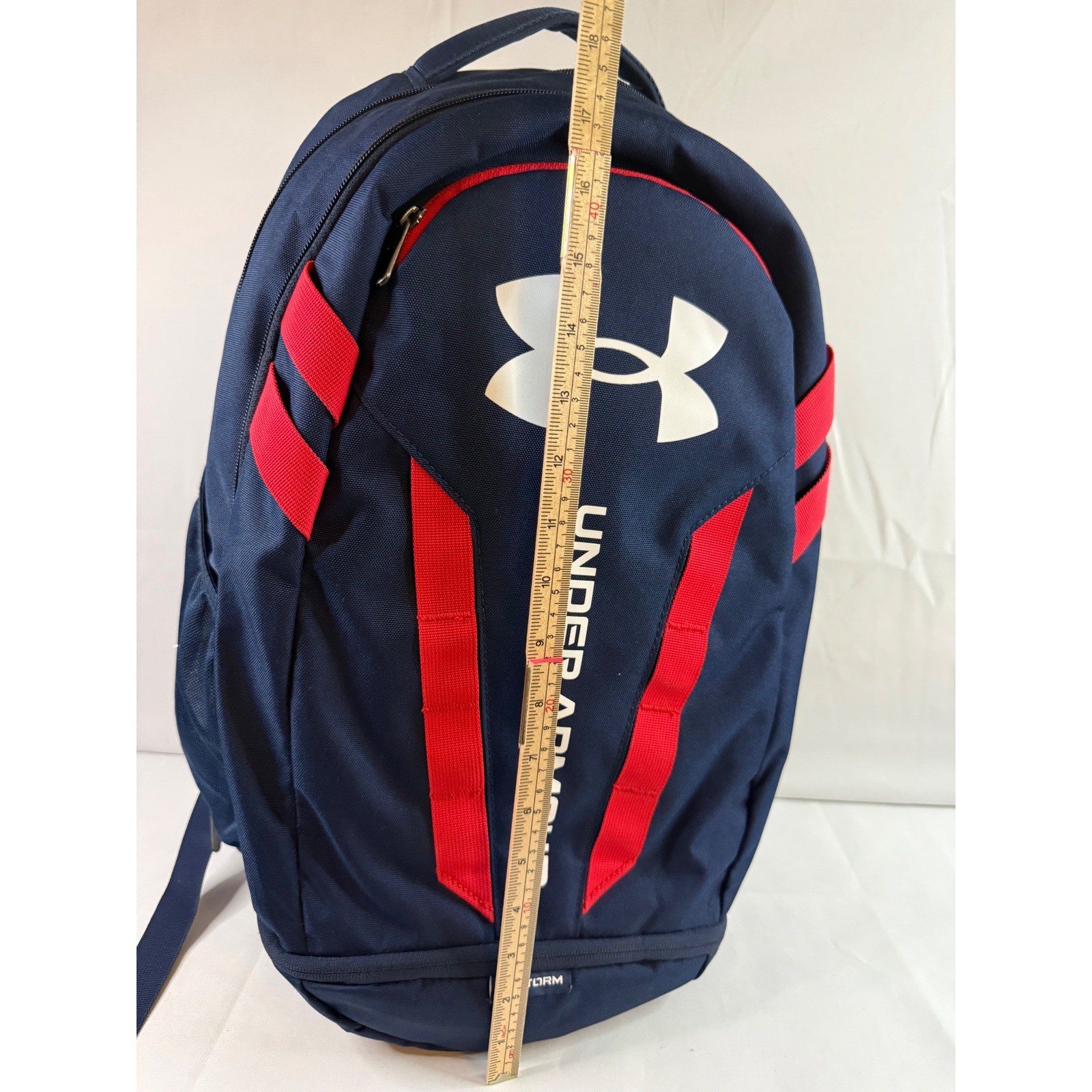 Under Armour Hustle 5.0 Backpack Navy Blue Red UA Storm Water Resistant Bag