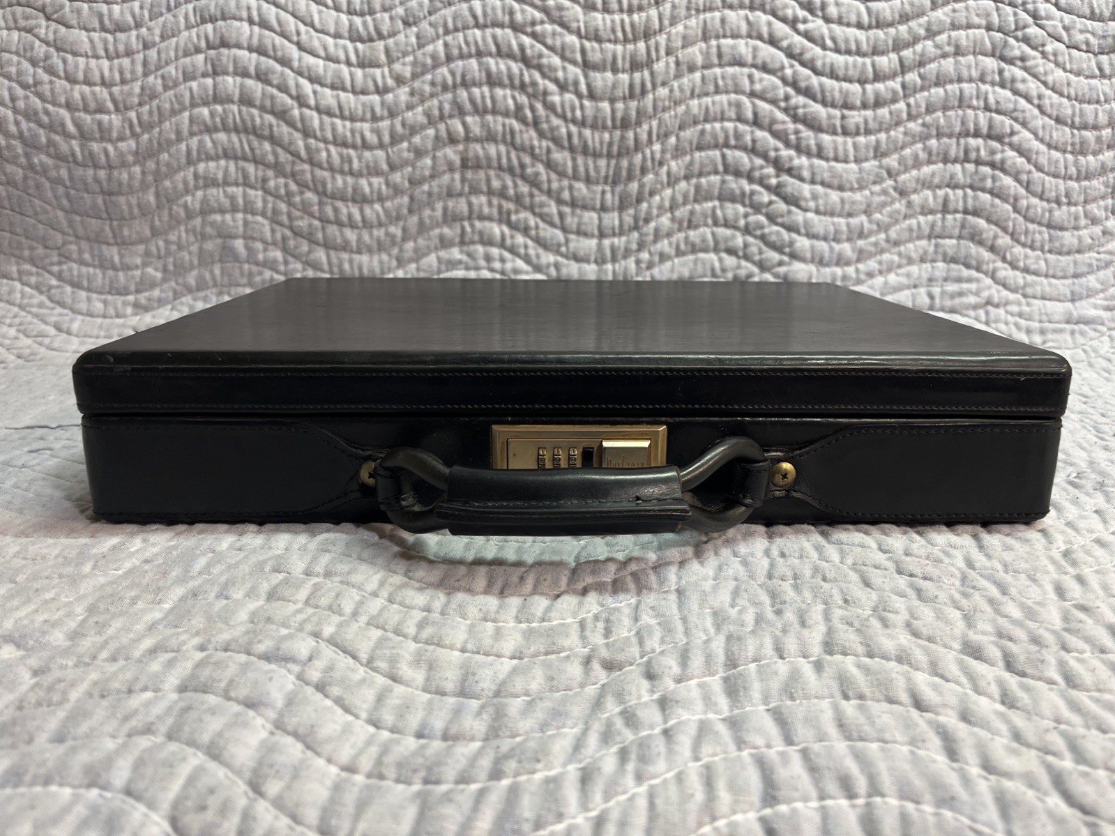 Hartmann Black Leather Hard Side Wood Box Slim Attaché Briefcase