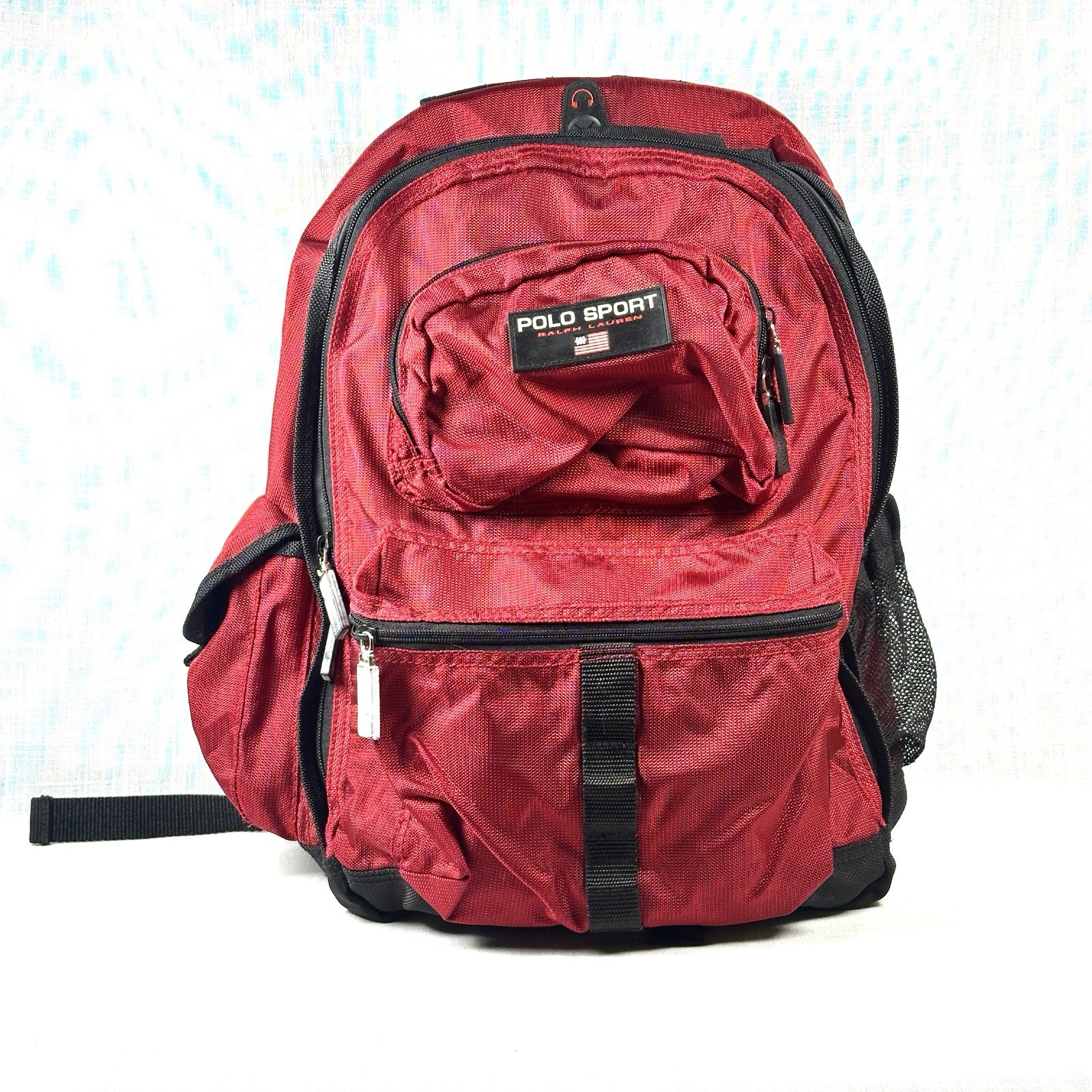 Vintage Polo Sport Ralph Lauren Backpack Red RL Flag Multi Pocket
