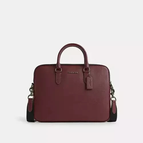 NEW Coach Liam Compact Leather Briefcase Slim Unisex WINE/black nickel Dust bag