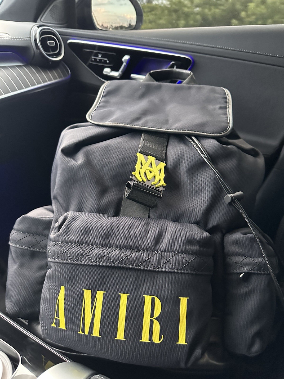 AMIRI Large Black Backpack Yellow Logo Drawstring Buckle, Pockets Unisex