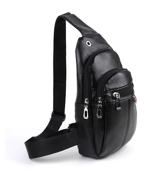 Mens Crossbody Sling Bag With Earphone Slot Zippered Pockets Durable Black Color