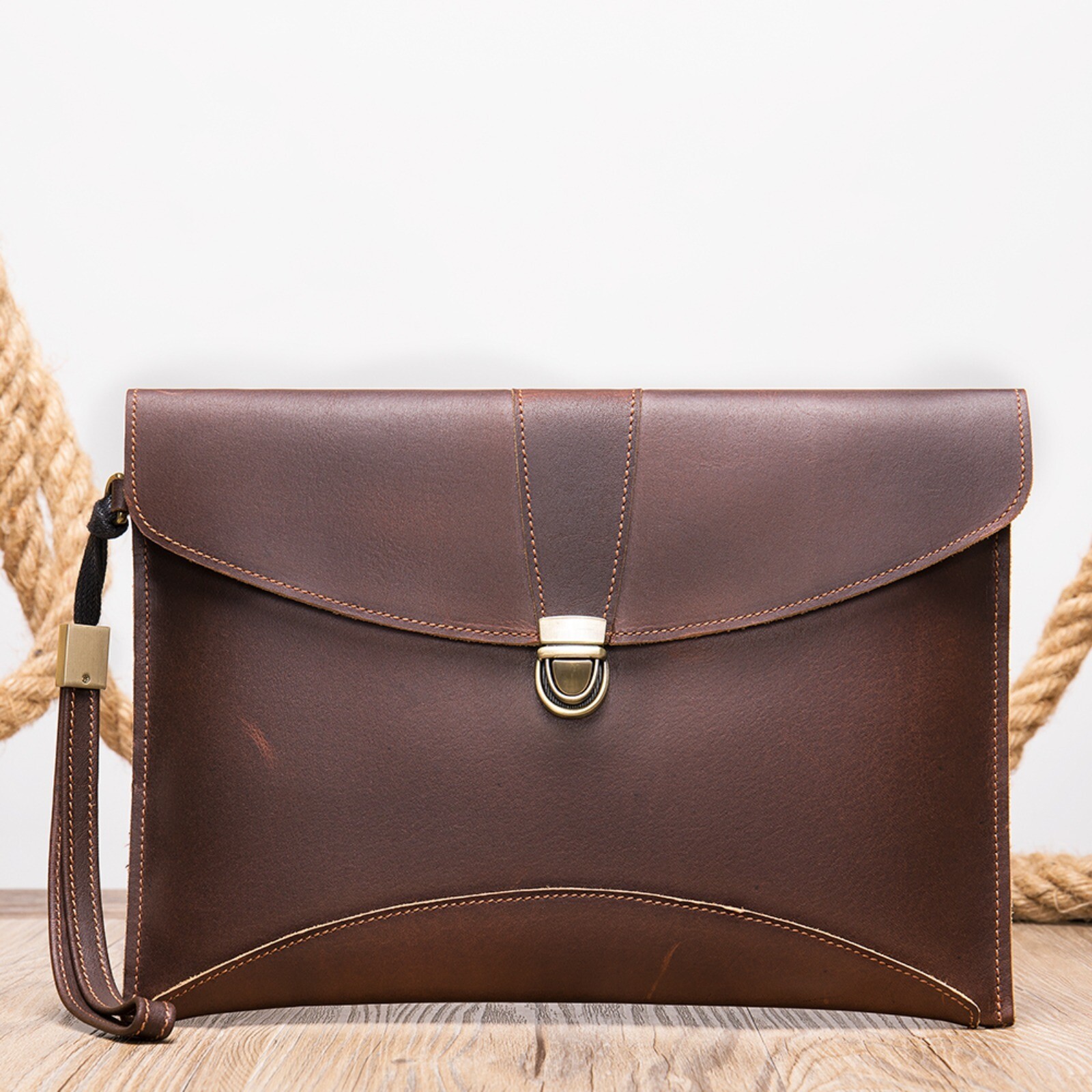 Men’s Leather Clutch Bag with Wrist Strap Business Travel Pouch