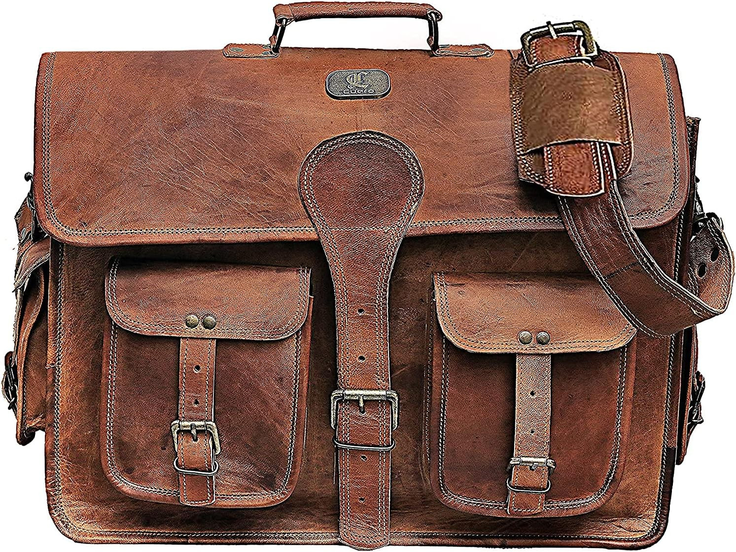 DHK 16 Inch Vintage Handmade Leather Messenger Bag Laptop Briefcase Computer Sat