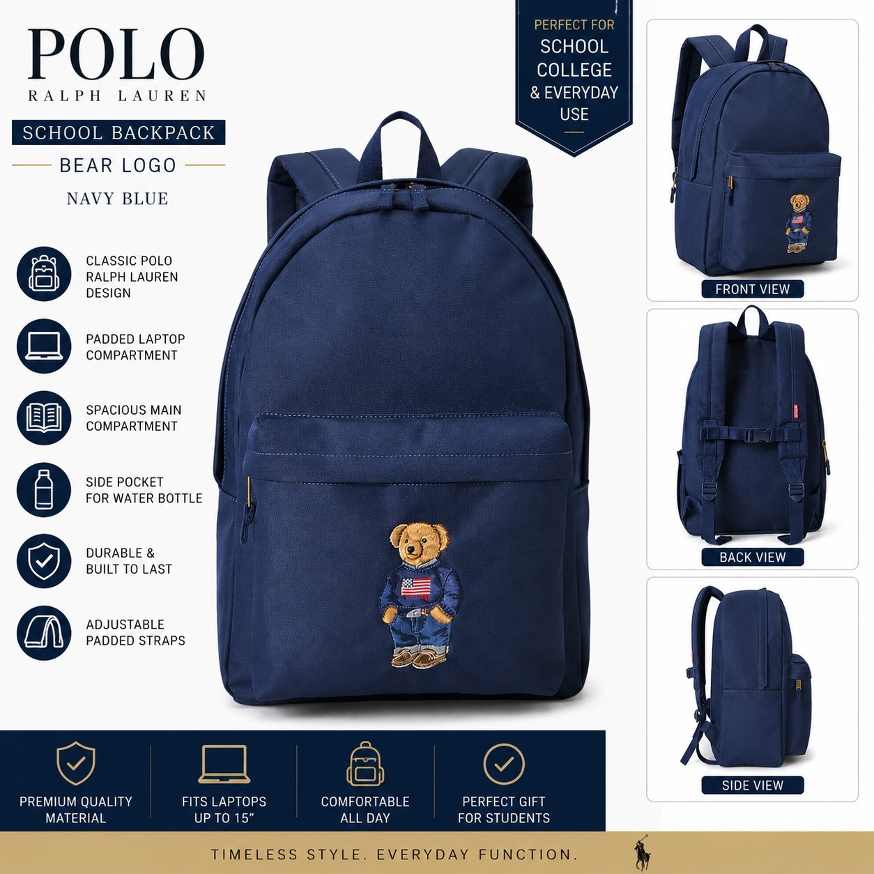 Polo Ralph Lauren School Backpack Bear Logo Navy Blue Laptop Pocket Backpack Bag