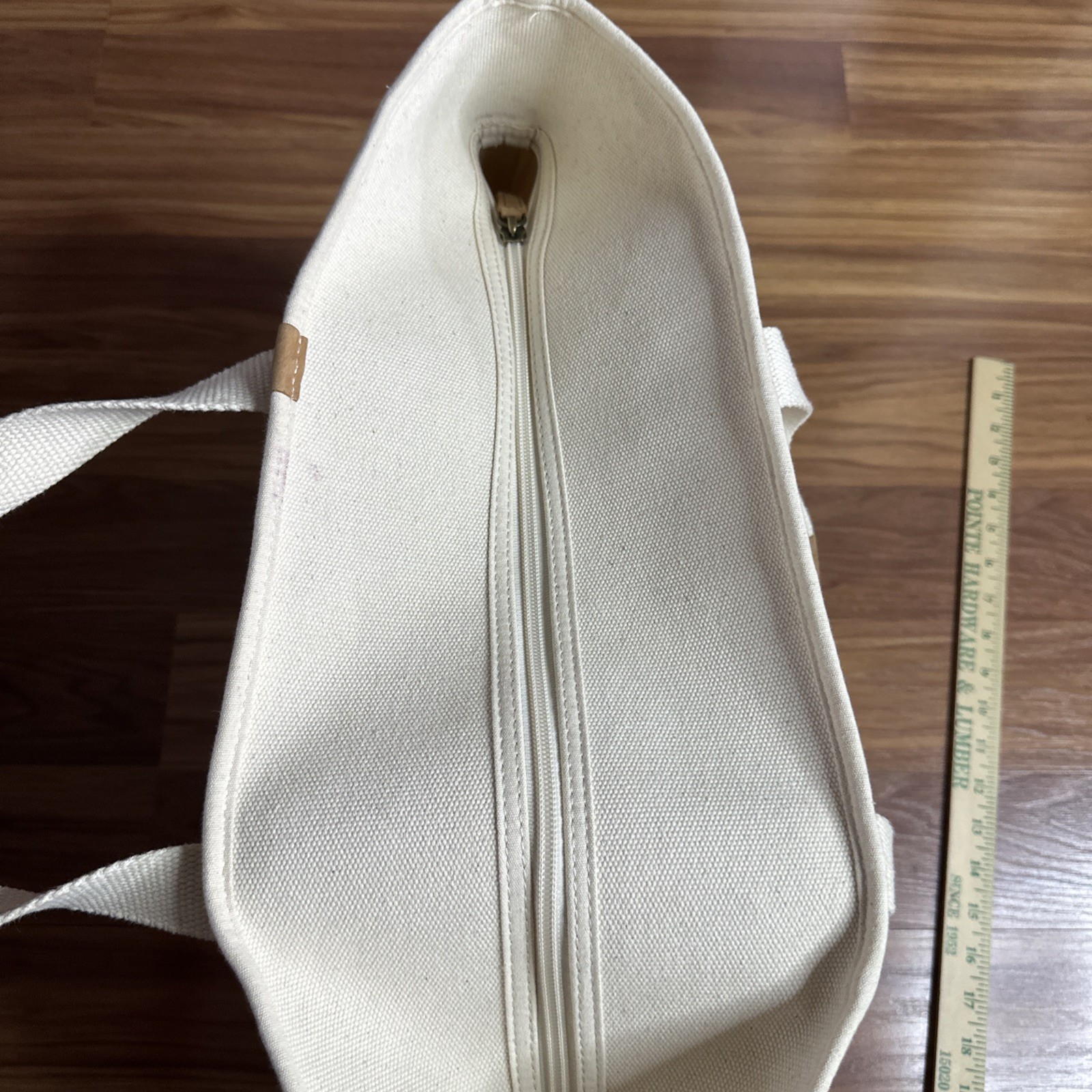 LL Bean Boat & Tote Zip Top Bag Canvas Ivory/Red L/XL Teacher Beach Leather Trim
